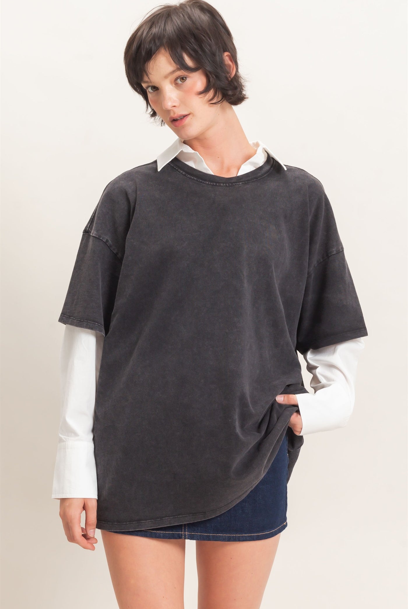 Wholesale Mineral Wash Oversized Crew Neck T-Shirts Clothing Tops DZ26C961 BLACK DOUBLE ZERO