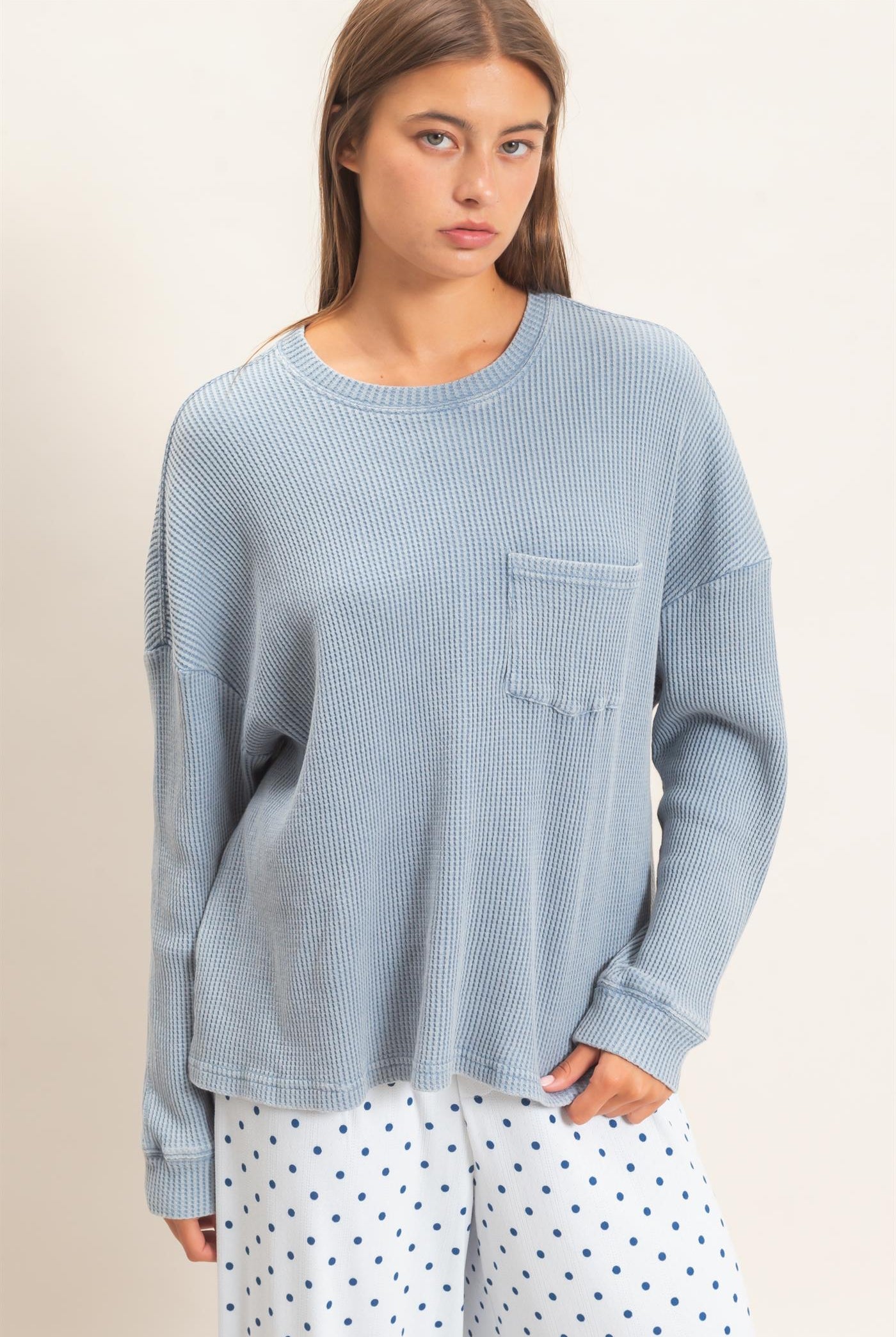 Wholesale Mineral Wash Waffle Long Sleeve Top Clothing Tops DZ26F242 DUSTY BLUE DOUBLE ZERO