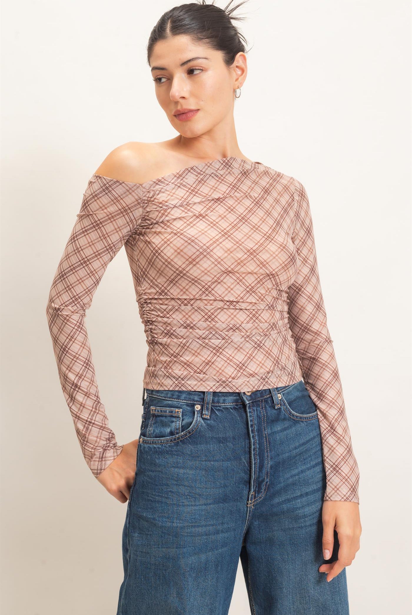 Wholesale Asymmetrical Plaid Off Shoulder Top Dresses HF26E710 BEIGE HYFVE