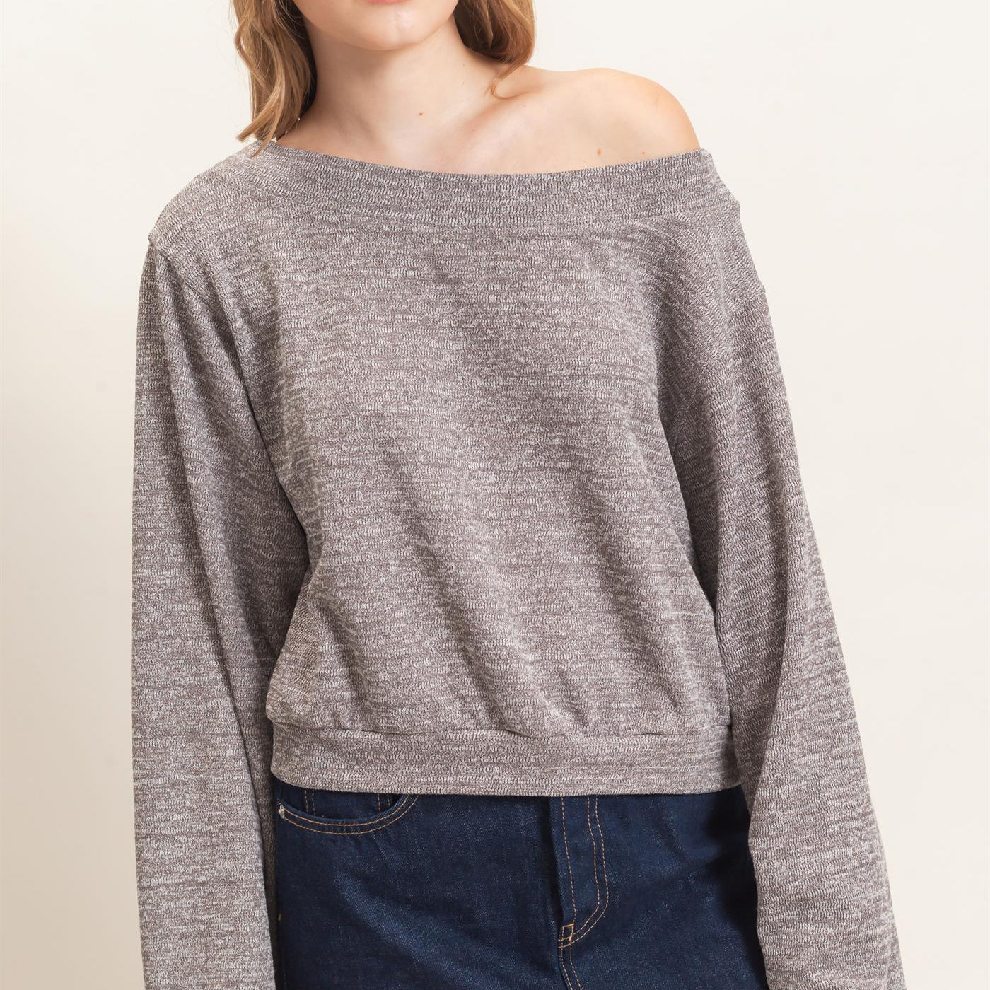 Wholesale Off Shoulder Knit Sweatshirt Blouses HF26F028 CHARCOAL HYFVE