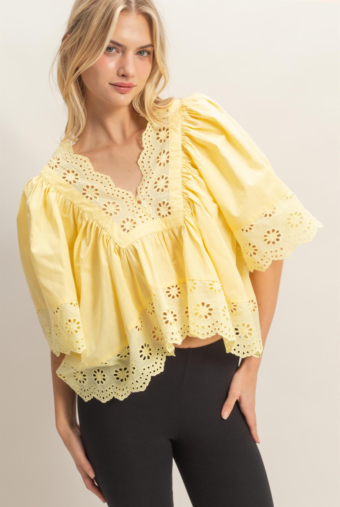 Wholesale Scalloped Eyelet Babydoll Top Clothing Tops HF26C293 YELLOW HYFVE