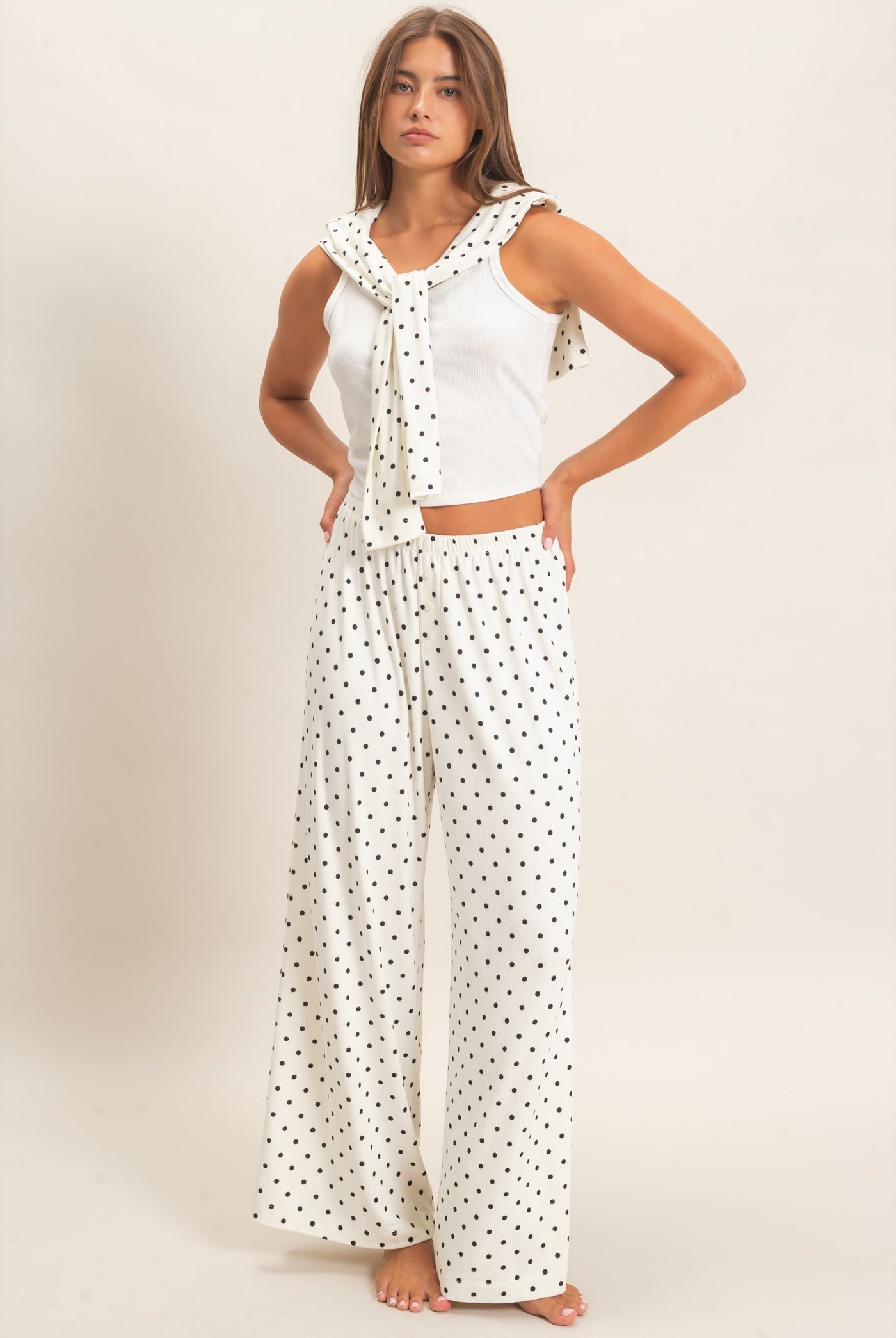 Wholesale Polka Dot Wide Leg Pants Pants DZ27A168 CREAM DOUBLE ZERO