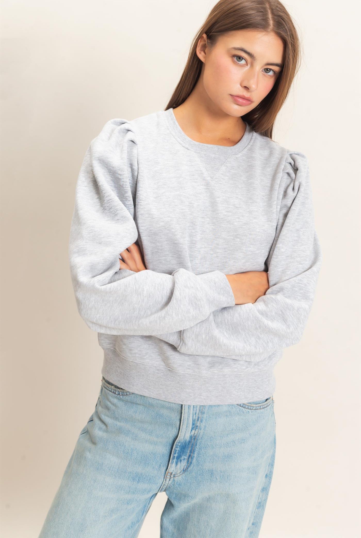 Wholesale Puff Sleeve Crew Neck Sweatshirt Sweatshirts DZ26E110 HEATHER GRAY DOUBLE ZERO