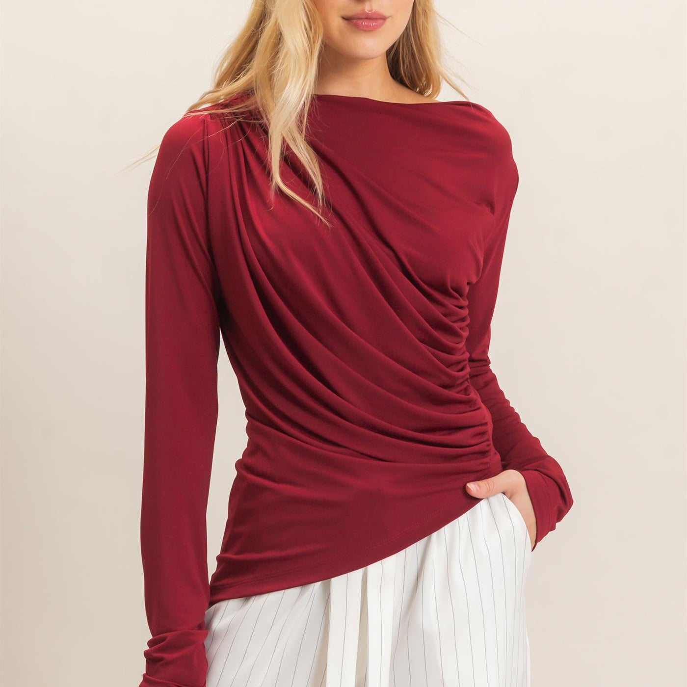 Wholesale Asymmetrical Ruched Long Sleeve Top Clothing Tops HF26C683 DARK RED HYFVE