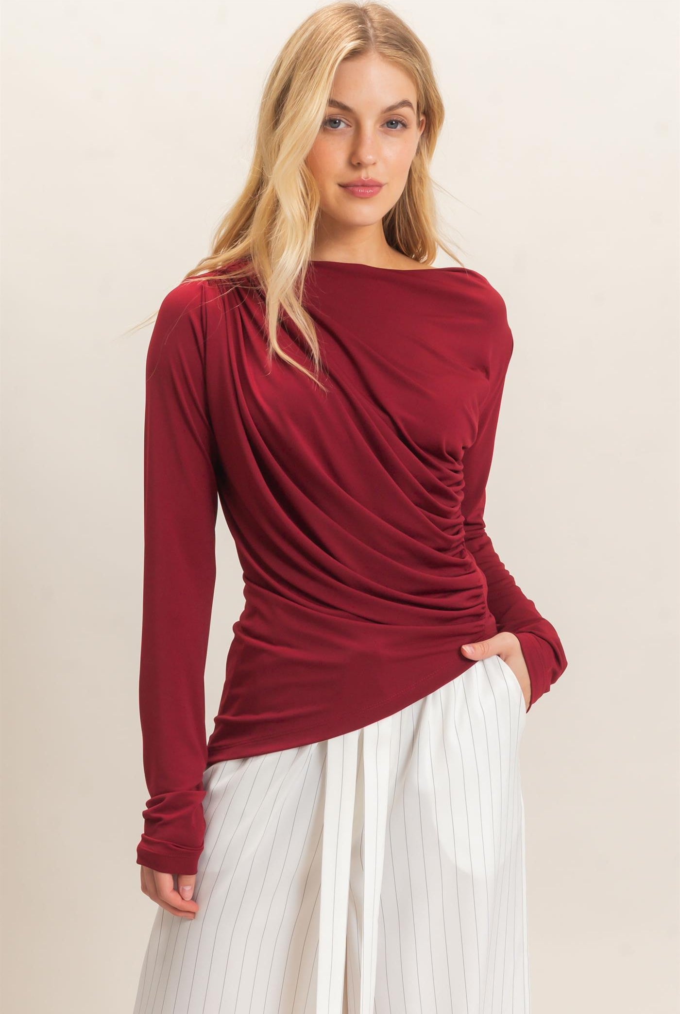 Wholesale Asymmetrical Ruched Long Sleeve Top Clothing Tops HF26C683 DARK RED HYFVE