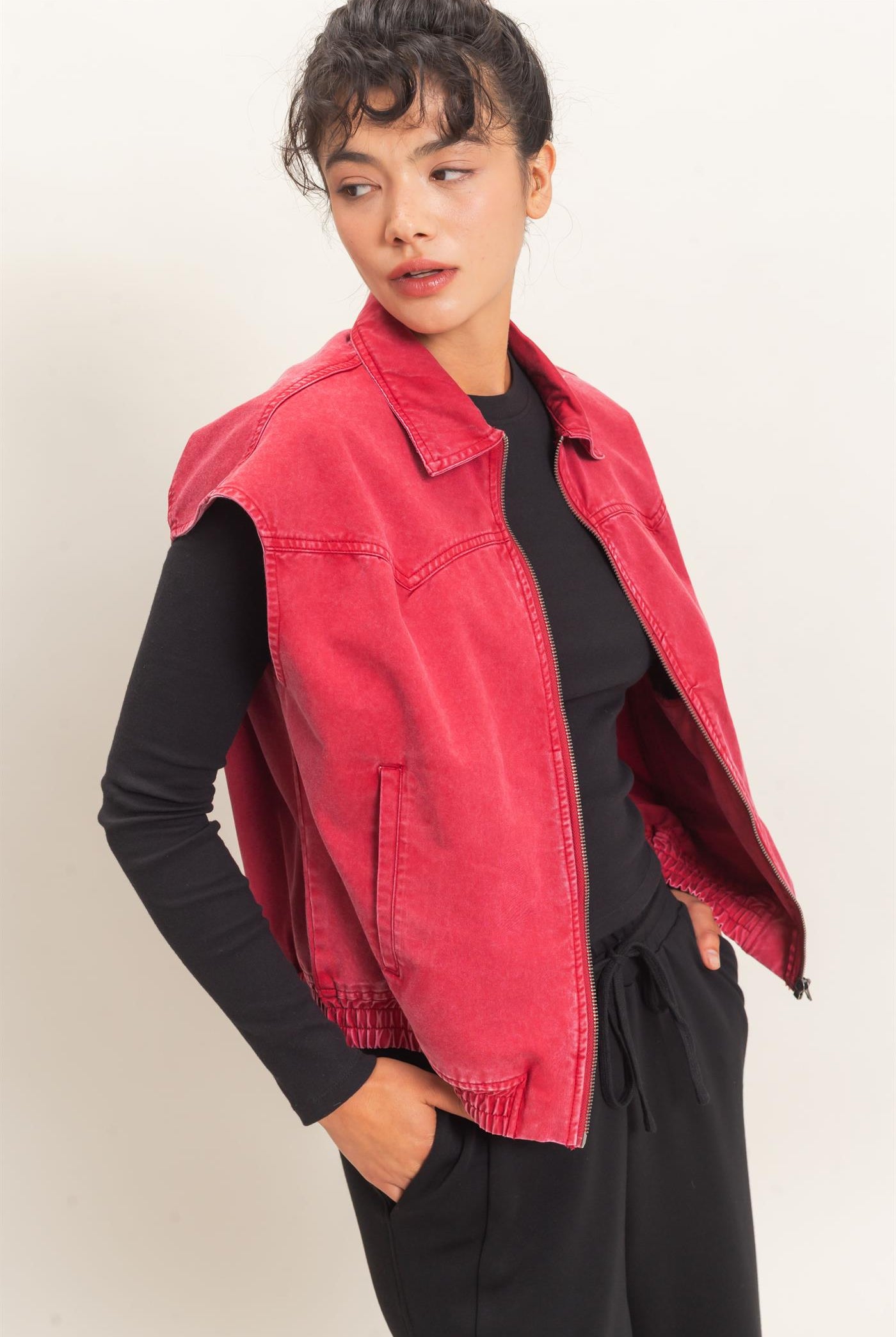 Wholesale Mineral Wash Sleeveless Zip-Up Collar Vest Vests DZ26E392 DARK RED DOUBLE ZERO
