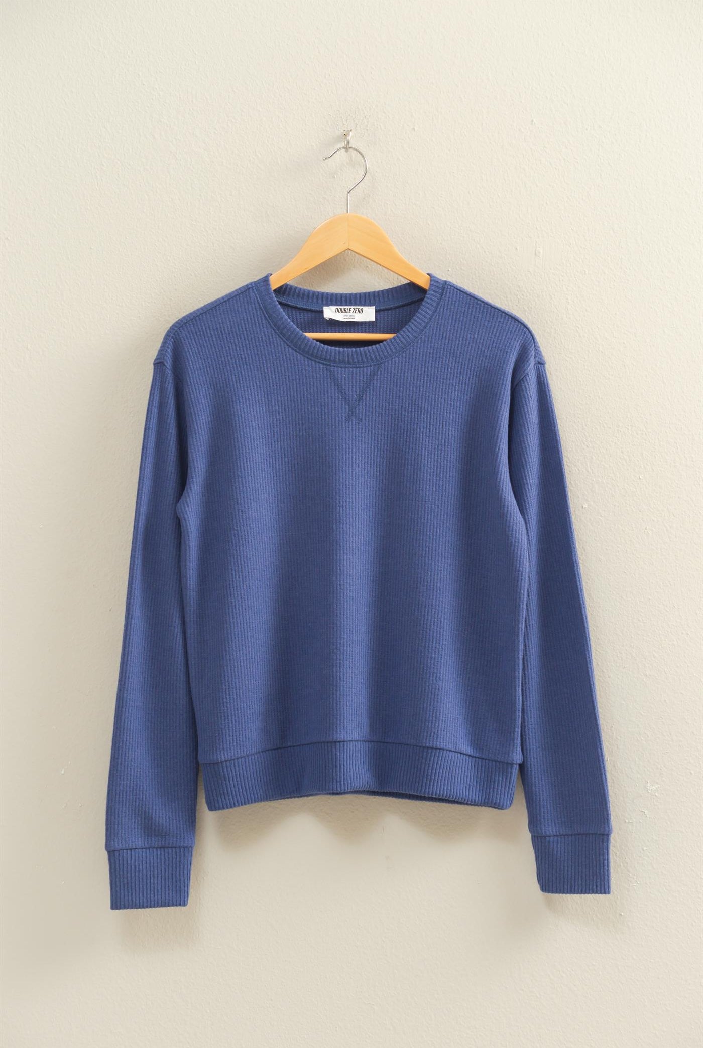 Wholesale Brushed Waffle Crew Neck Long Sleeve Top Clothing Tops DZ26A177 DUSTY INDIGO DOUBLE ZERO