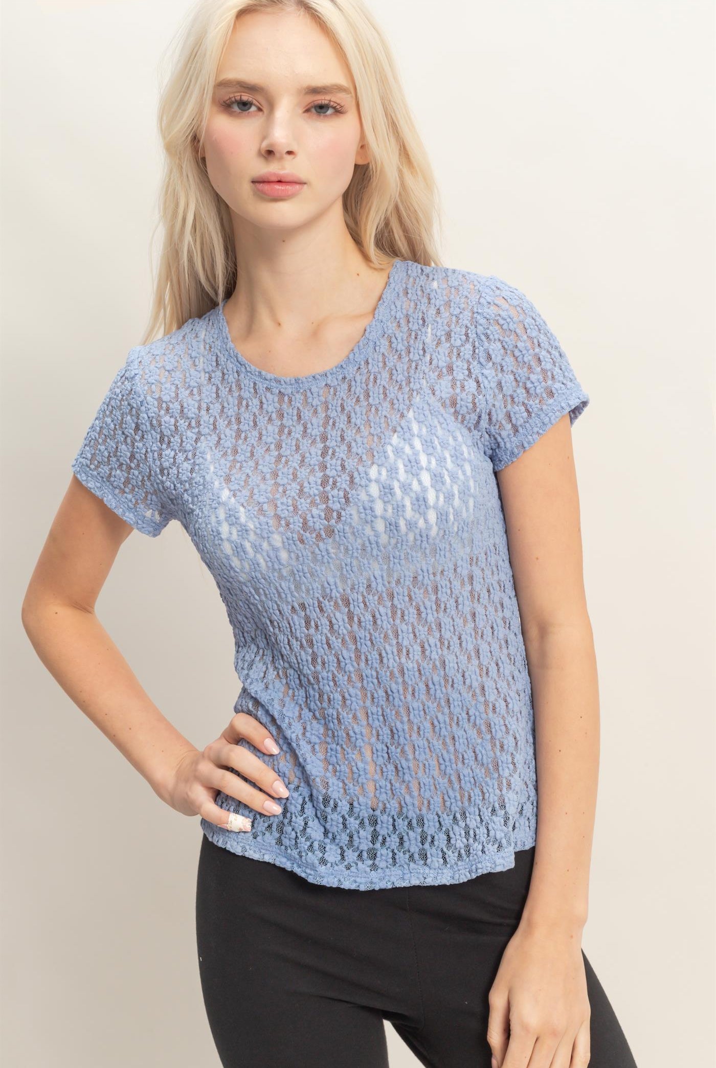 Wholesale Textured Lace Short Sleeve Top Clothing Tops DZ26C394 PALE INDIGO DOUBLE ZERO