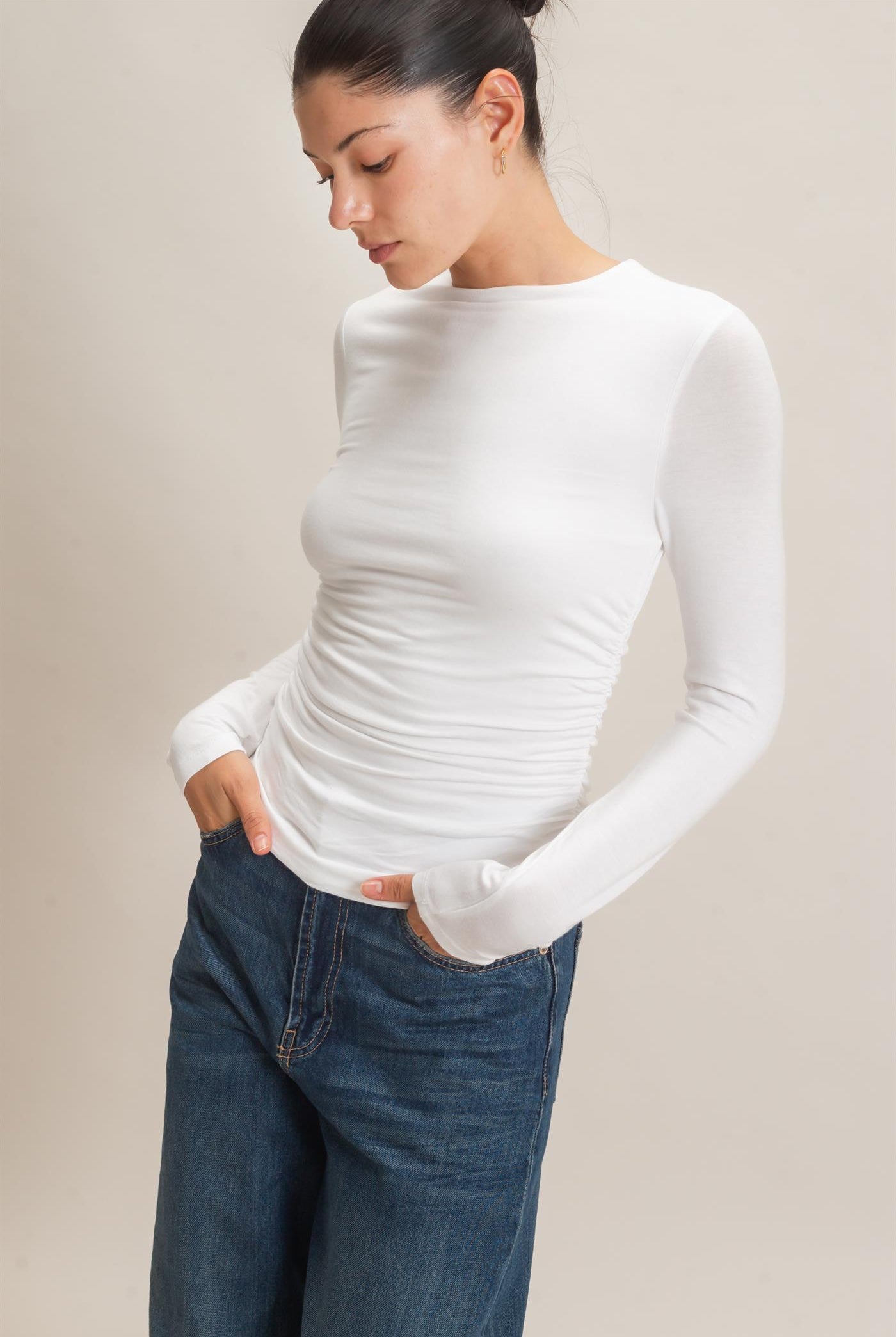 Wholesale Ruched Long Sleeve Top Clothing Tops HF26E776 OFF WHITE HYFVE