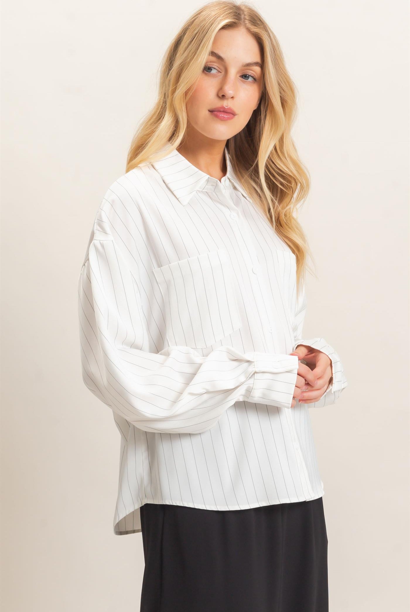 Wholesale Striped Button-Up Blouse Blouses HF26C953 WHITE HYFVE