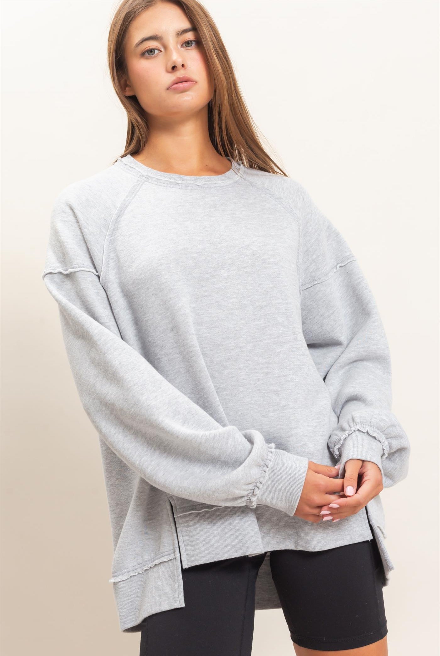 Wholesale Acid Wash Raw Edge Sweatshirt Sweatshirts DZ26C910 HEATHER GRAY DOUBLE ZERO