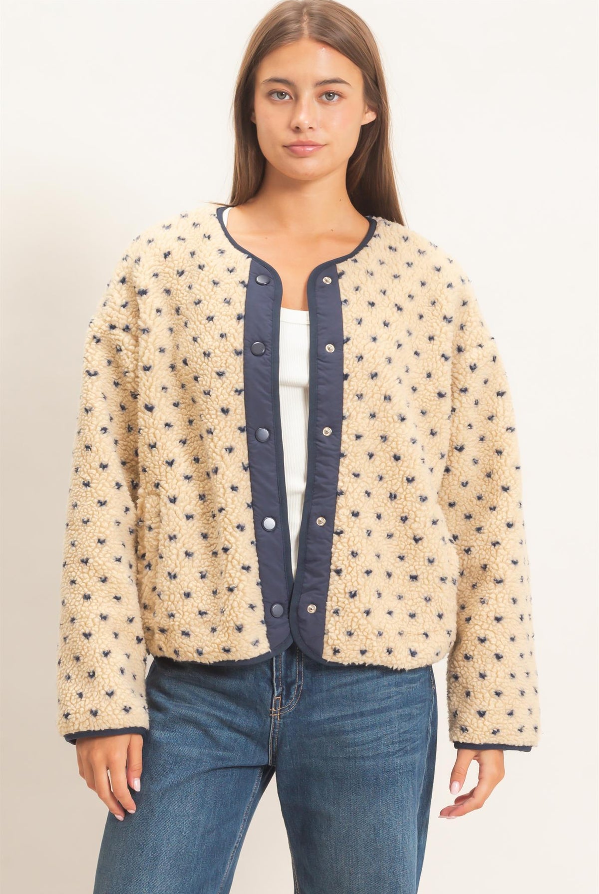 Wholesale Polka Dot Sherpa Jacket Coats & Jackets DZ26F160 NAVY DOUBLE ZERO