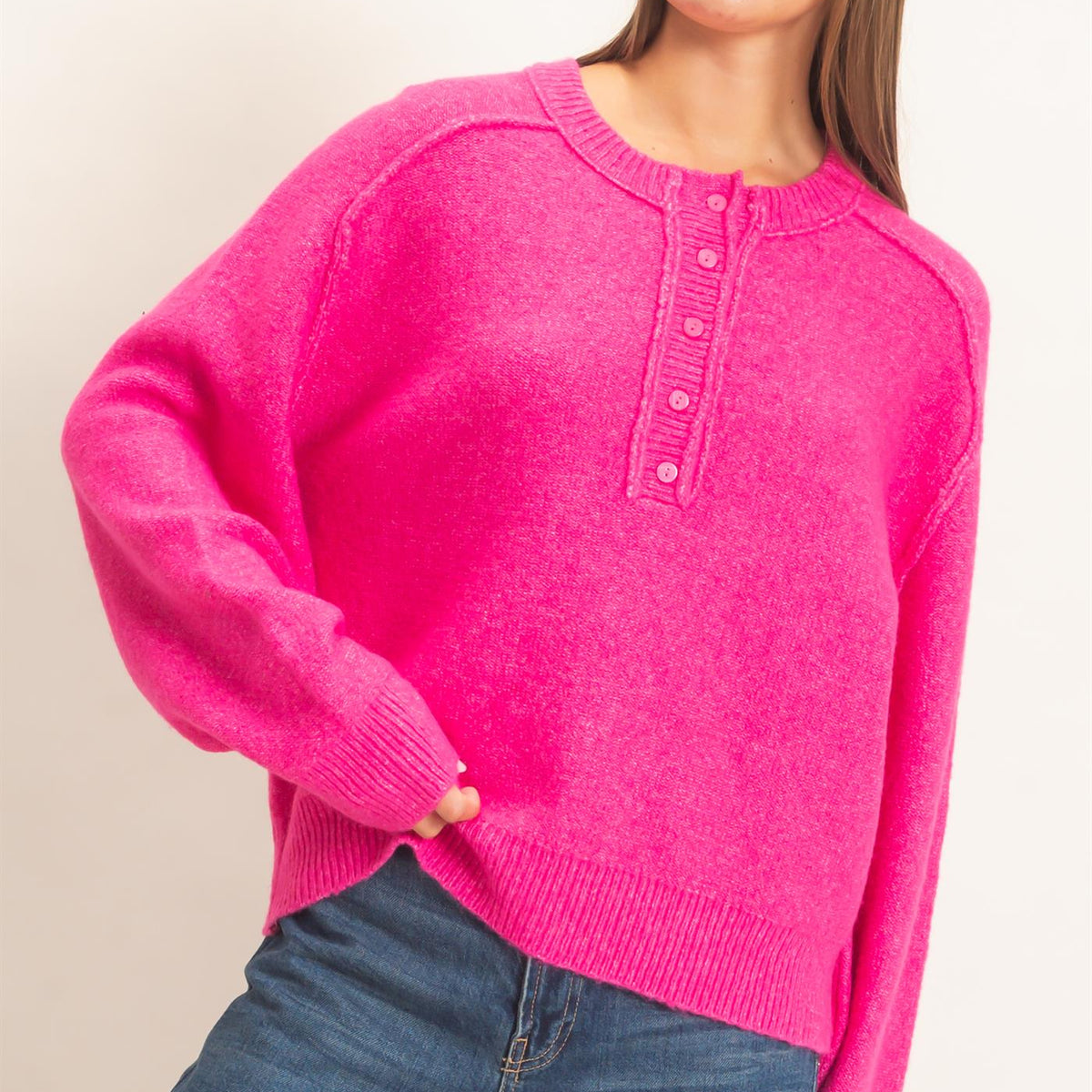 Wholesale Henley Sweater With Reverse Seams Sweaters DZ26F004 FUCHSIA DOUBLE ZERO