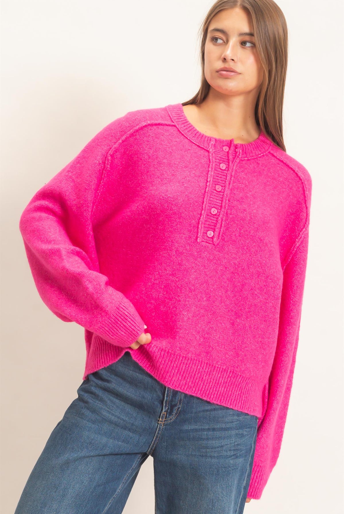 Wholesale Henley Sweater With Reverse Seams Sweaters DZ26F004 FUCHSIA DOUBLE ZERO