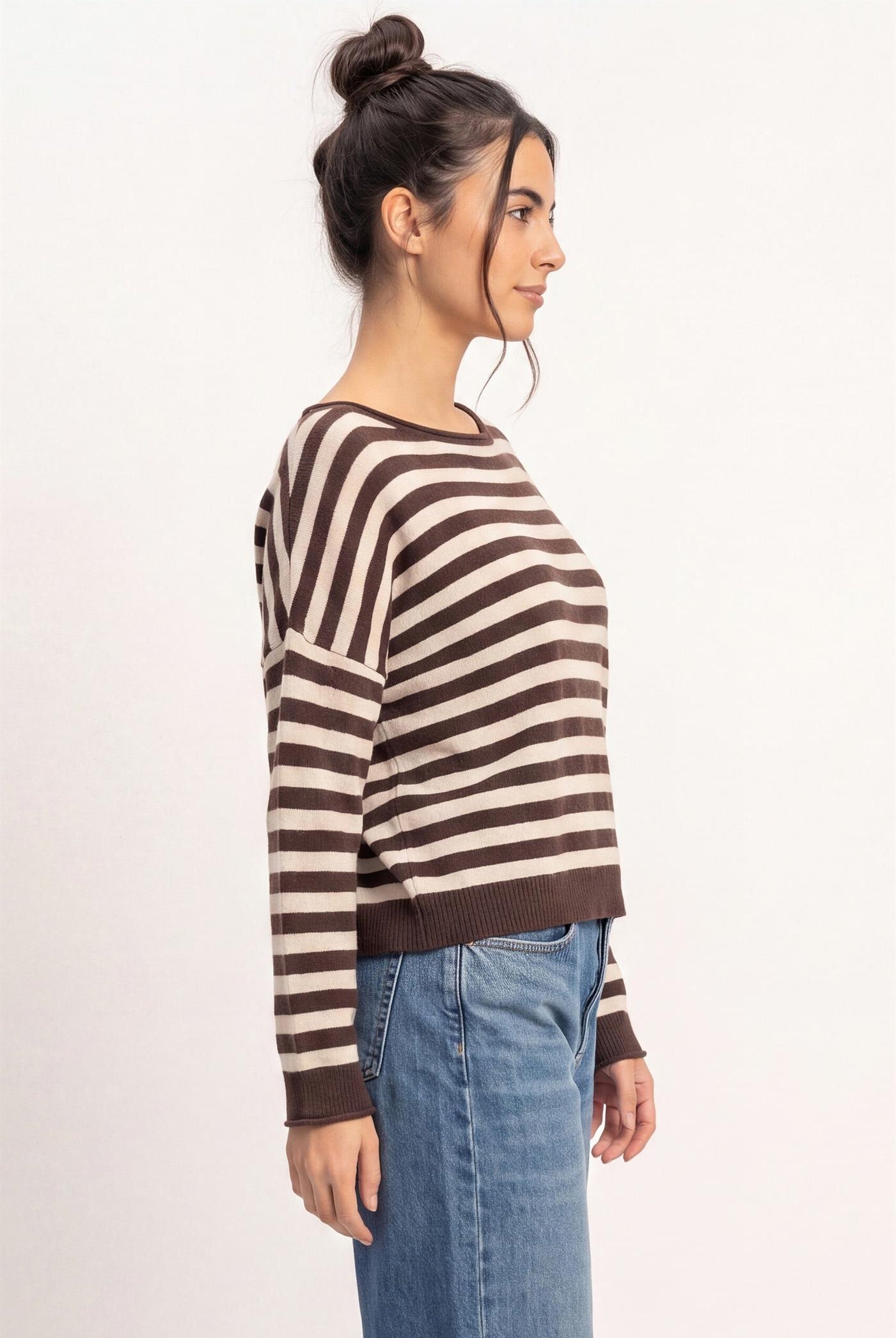 Wholesale Off The Shoulder Striped Sweater Sweaters DZ26E653 DARK BROWN DOUBLE ZERO