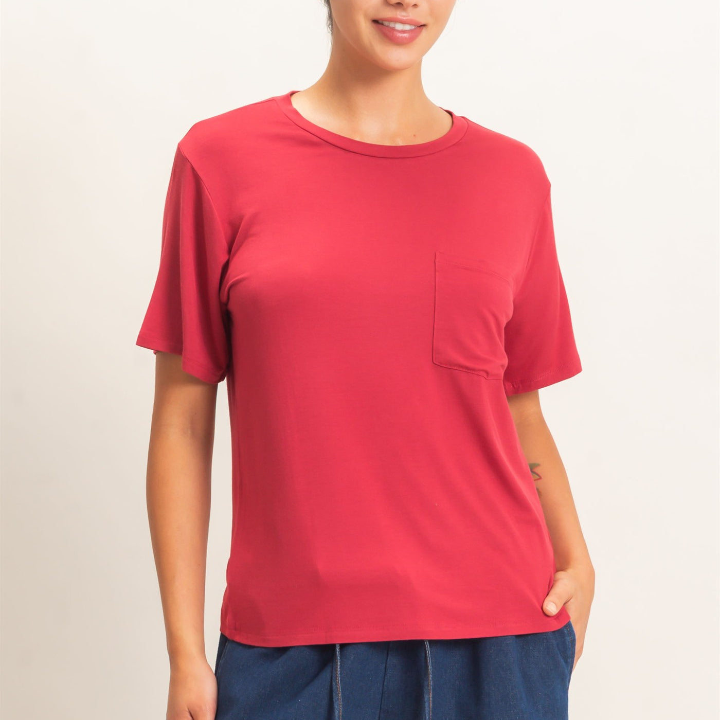 Wholesale Crew Neck Pocket Tee Clothing Tops DZ26E254 DARK RED DOUBLE ZERO