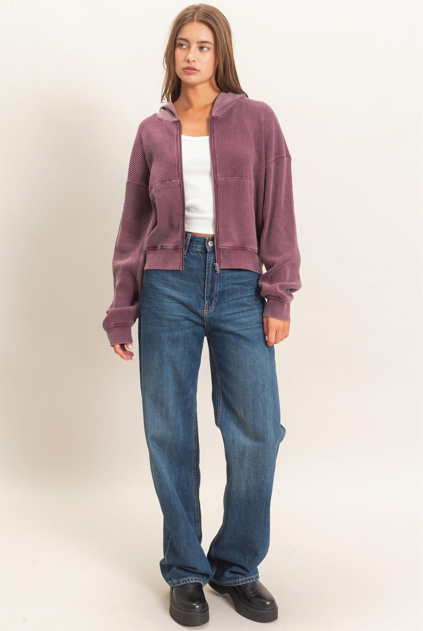 Wholesale Acid Wash Waffle Knit Zip-Up Hoodie Hoodies DZ26E401 DARK CHERRY DOUBLE ZERO