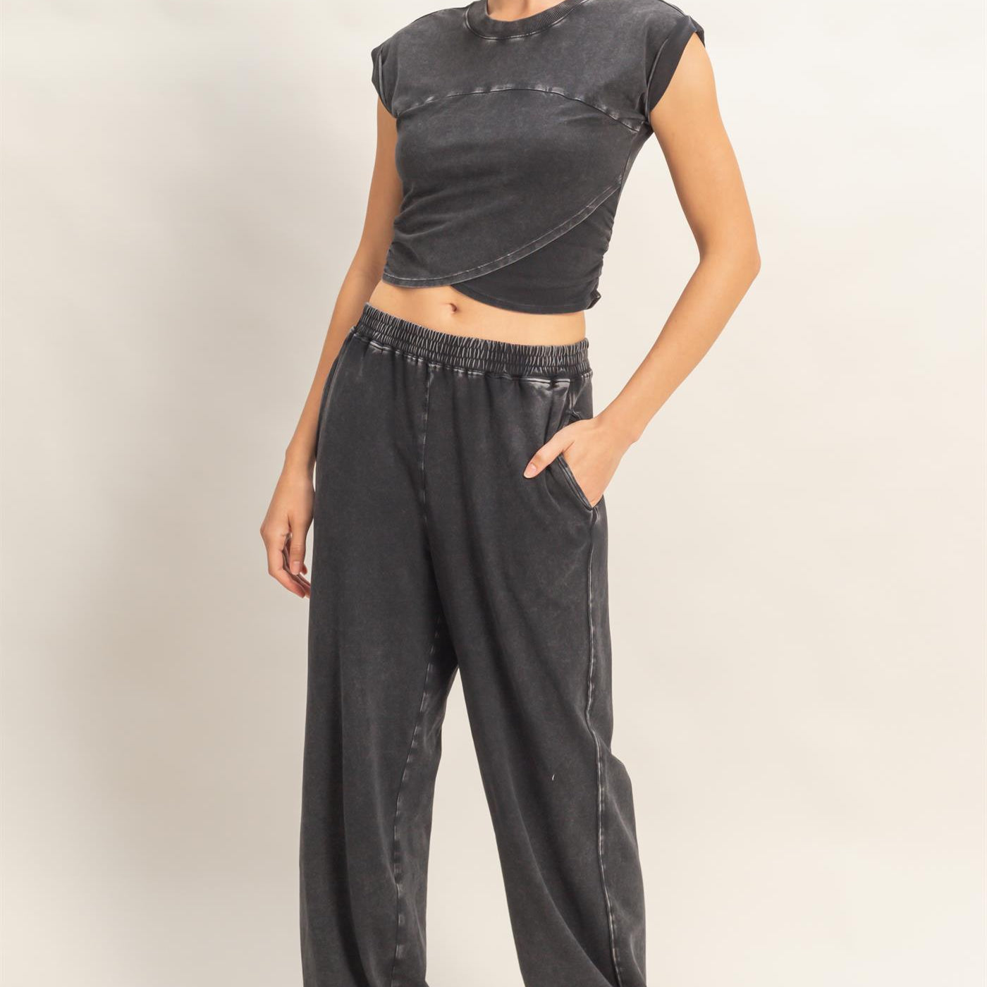 Wholesale Rolled Sleeve Wrap-Front Crop Top And Jogger Set Clothing DZ26A172-SET BLACK DOUBLE ZERO