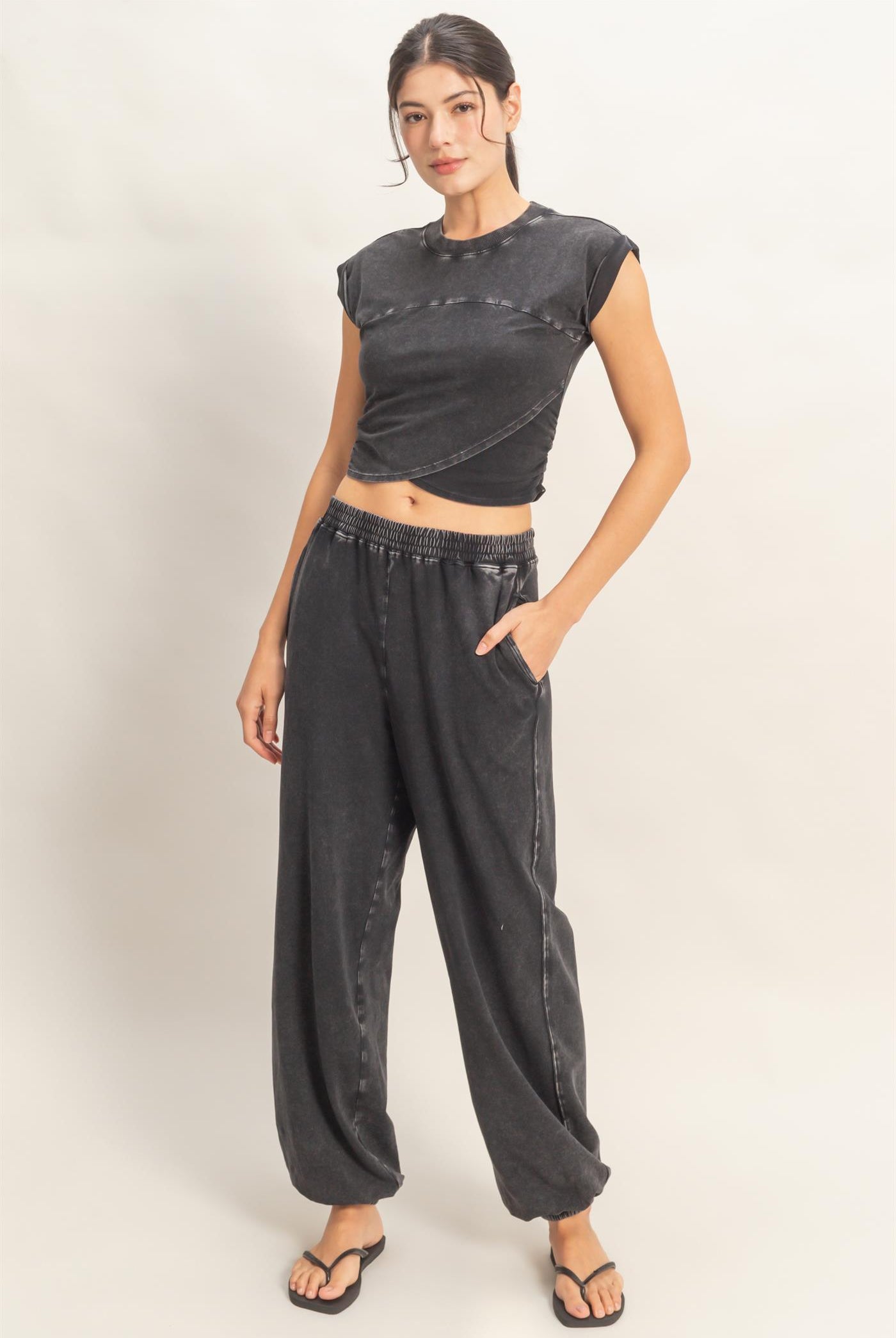 Wholesale Rolled Sleeve Wrap-Front Crop Top And Jogger Set Clothing DZ26A172-SET BLACK DOUBLE ZERO