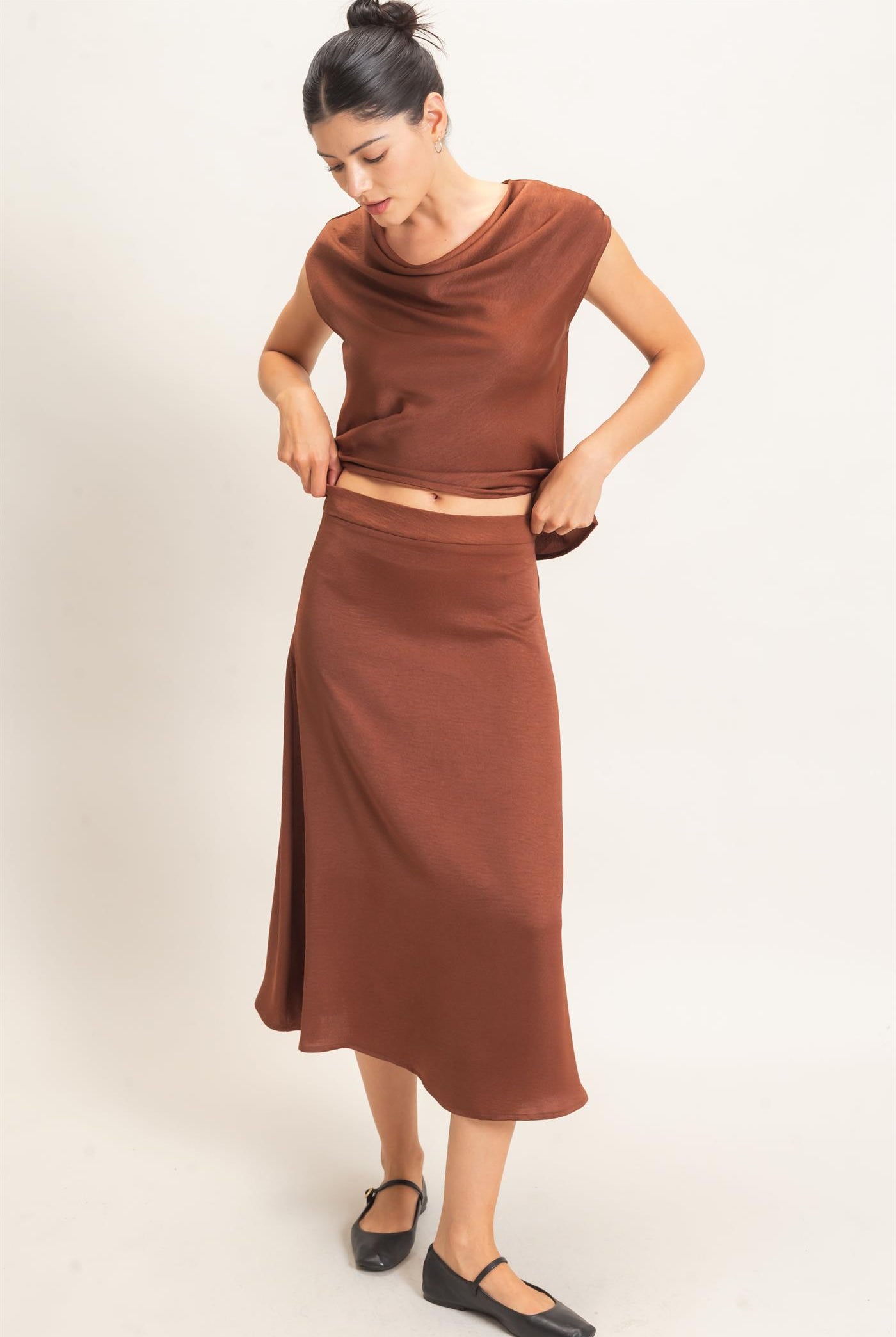 Wholesale Satin Cowl Neck Top And Skirt Set Clothing HF26C690-SET BROWN HYFVE