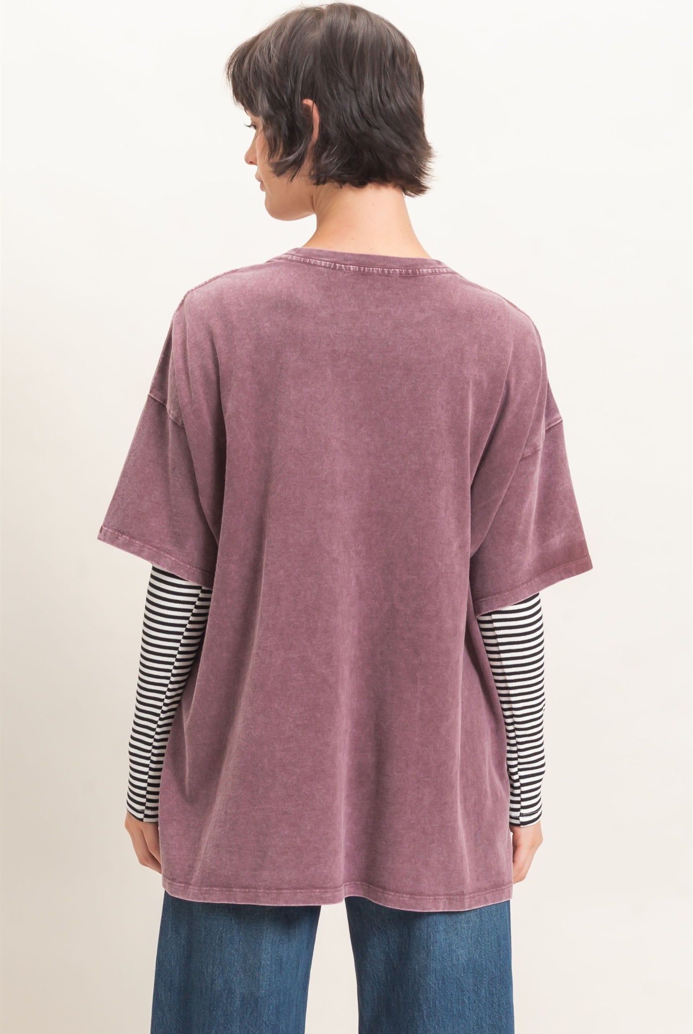 Wholesale Mineral Wash Oversized Crew Neck T-Shirts Clothing Tops DZ26C961 DARK CHERRY DOUBLE ZERO