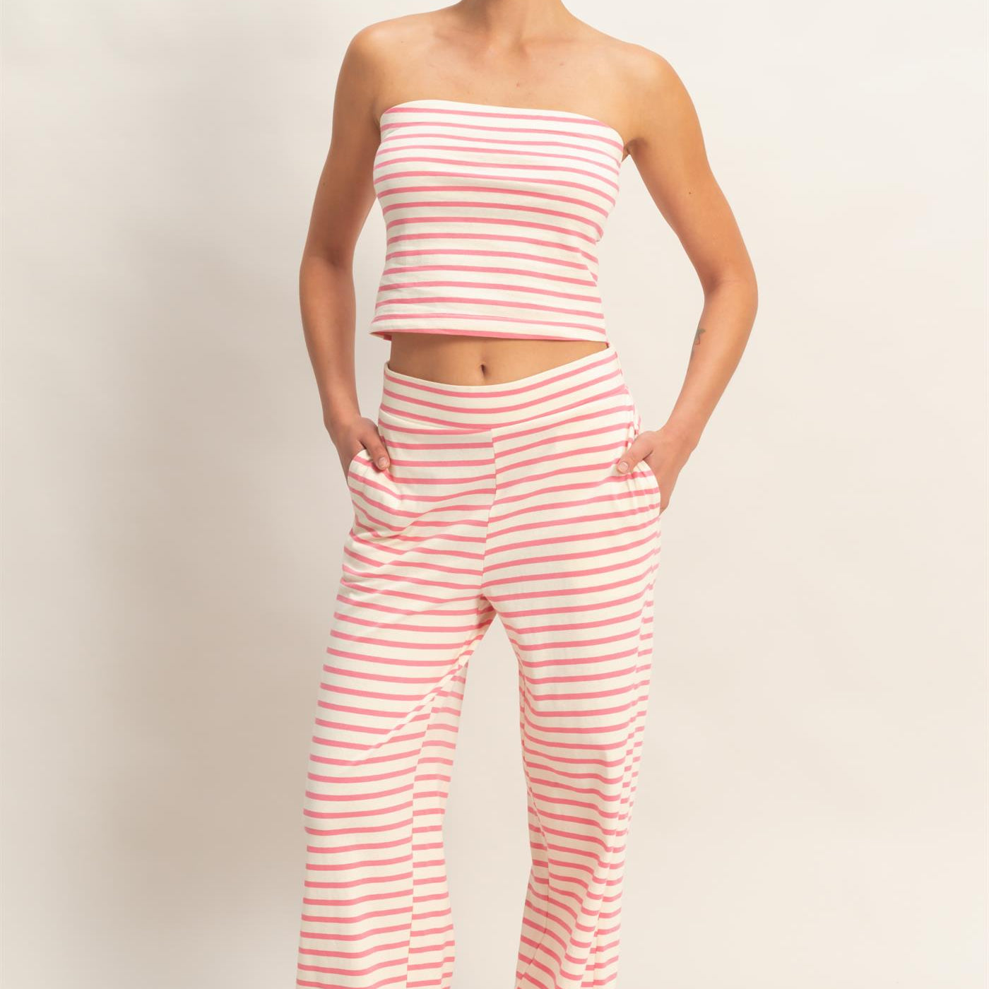 Wholesale Striped Jersey Tube Top And Pants Set Clothing DZ26C621-SET PINK DOUBLE ZERO