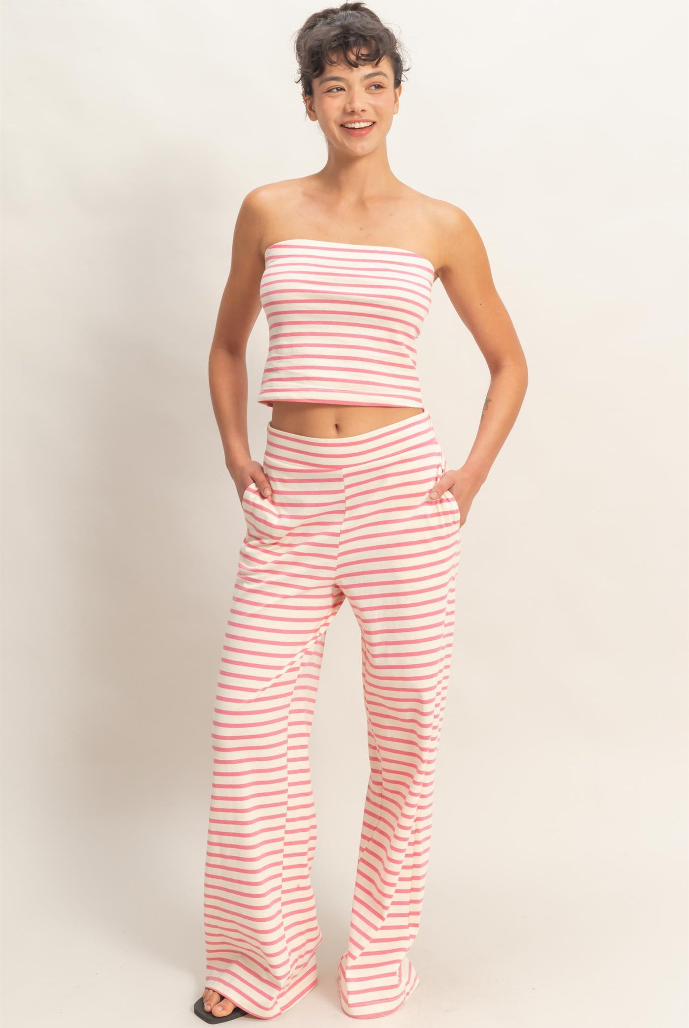 Wholesale Striped Jersey Tube Top And Pants Set Clothing DZ26C621-SET PINK DOUBLE ZERO