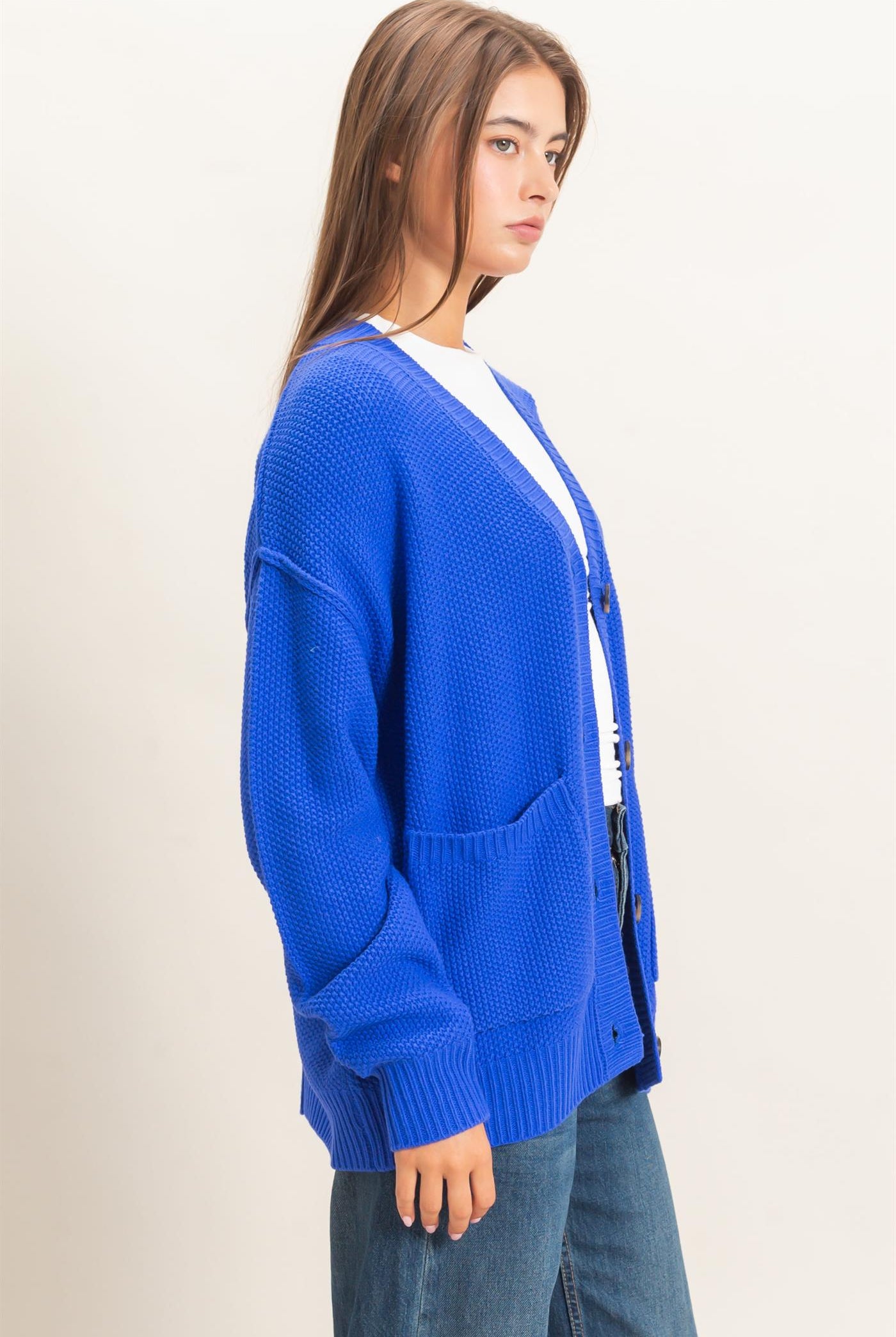 Wholesale Textured Oversized Knit Buttoned Cardigan Cardigans DZ26C971 COBALT DOUBLE ZERO