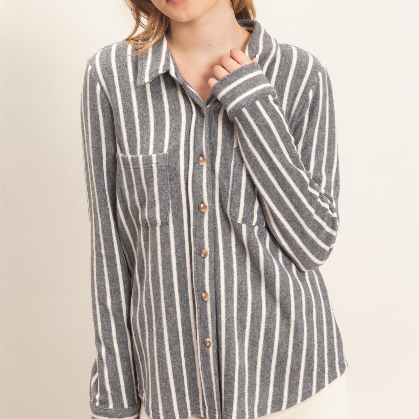 Wholesale Striped Button-Up Knit Shirt Clothing Tops HF26E189 GRAY HYFVE