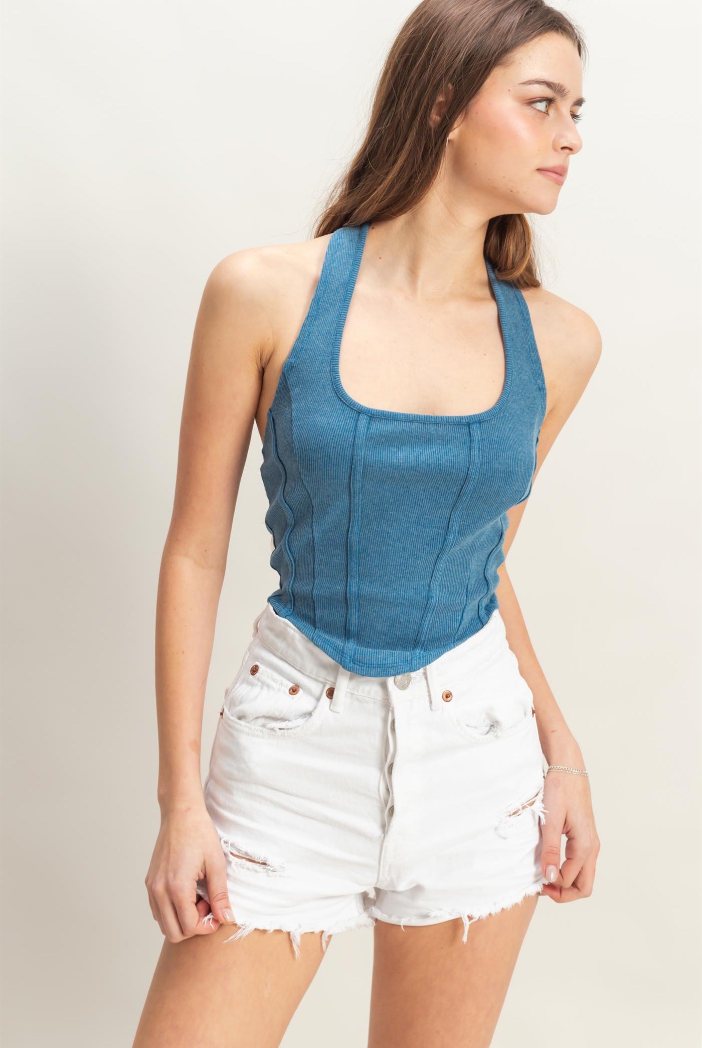 Wholesale Mineral Wash Halter Neck Everyday Top Clothing Tops HF25A060 BLUE HYFVE
