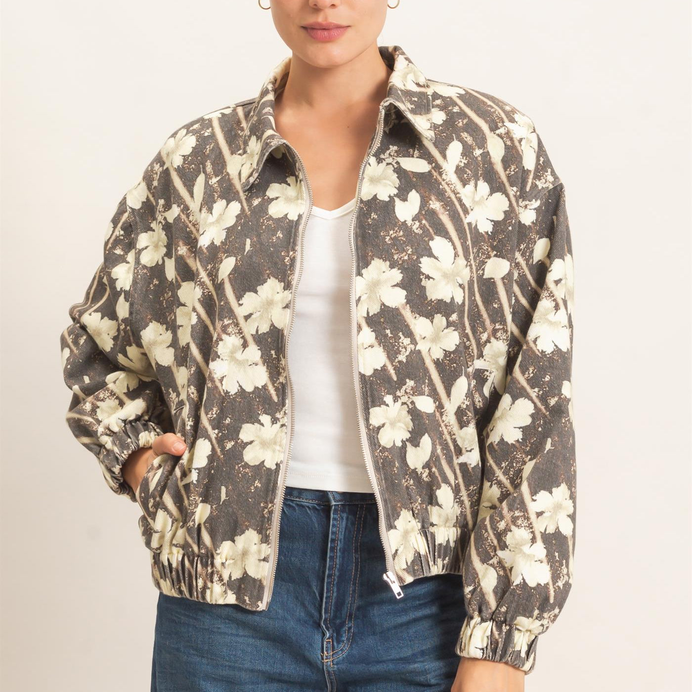 Wholesale Floral Zip-Up Bomber Jacket Bomber Jackets HF26C837 BROWN HYFVE