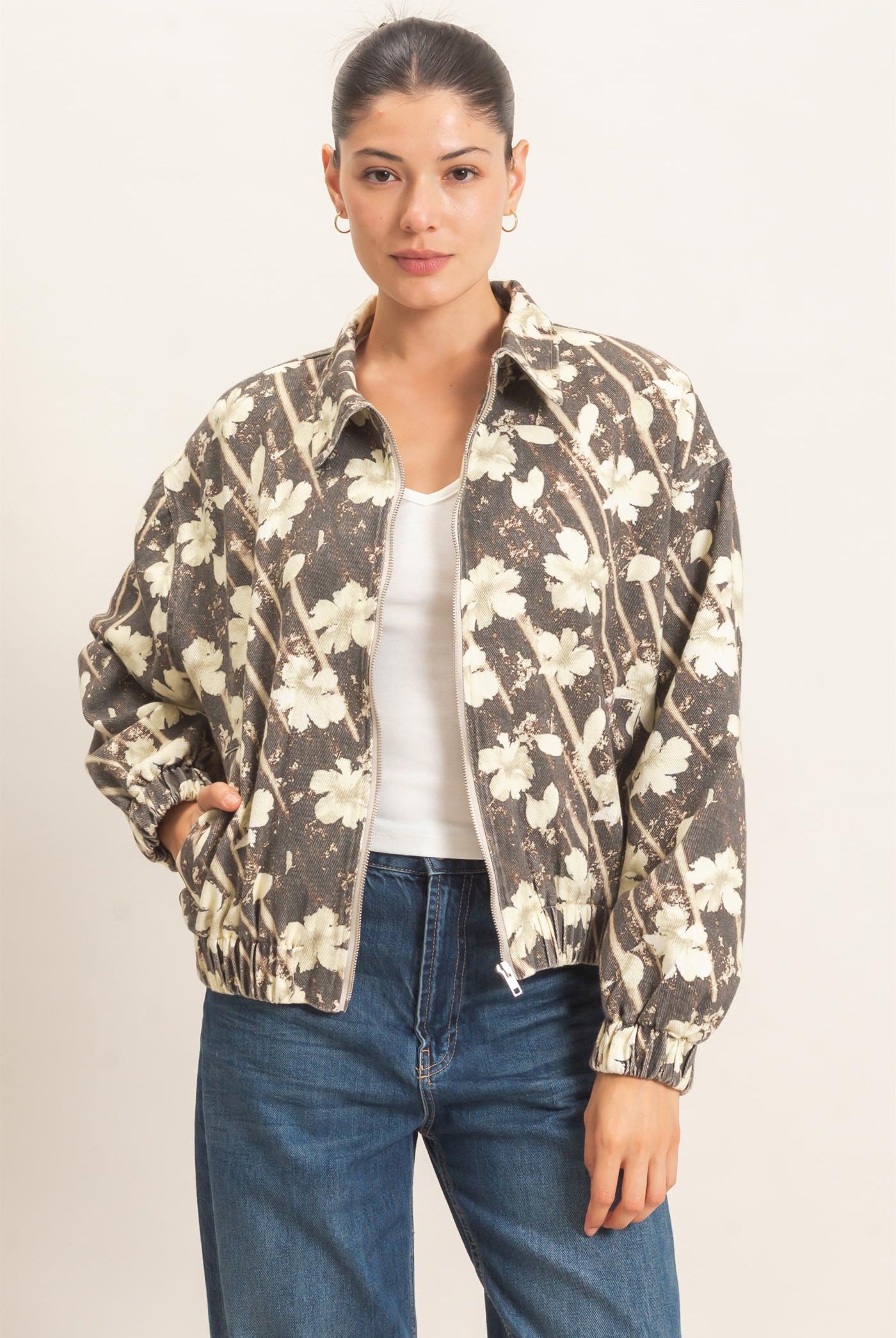Wholesale Floral Zip-Up Bomber Jacket Bomber Jackets HF26C837 BROWN HYFVE
