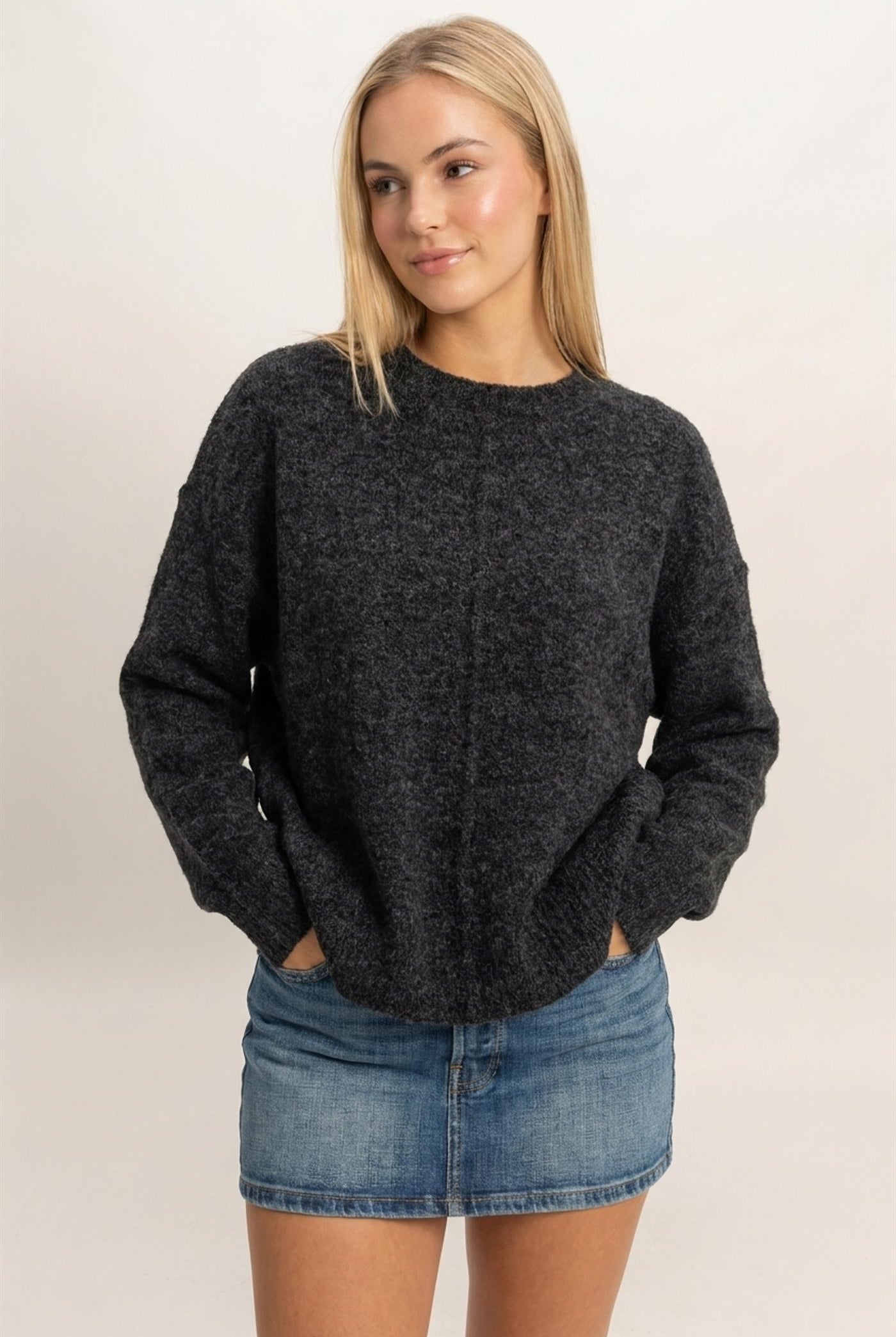 Wholesale Crew Neck Seam Detail Sweater Sweaters DZ26E240 BLACK DOUBLE ZERO