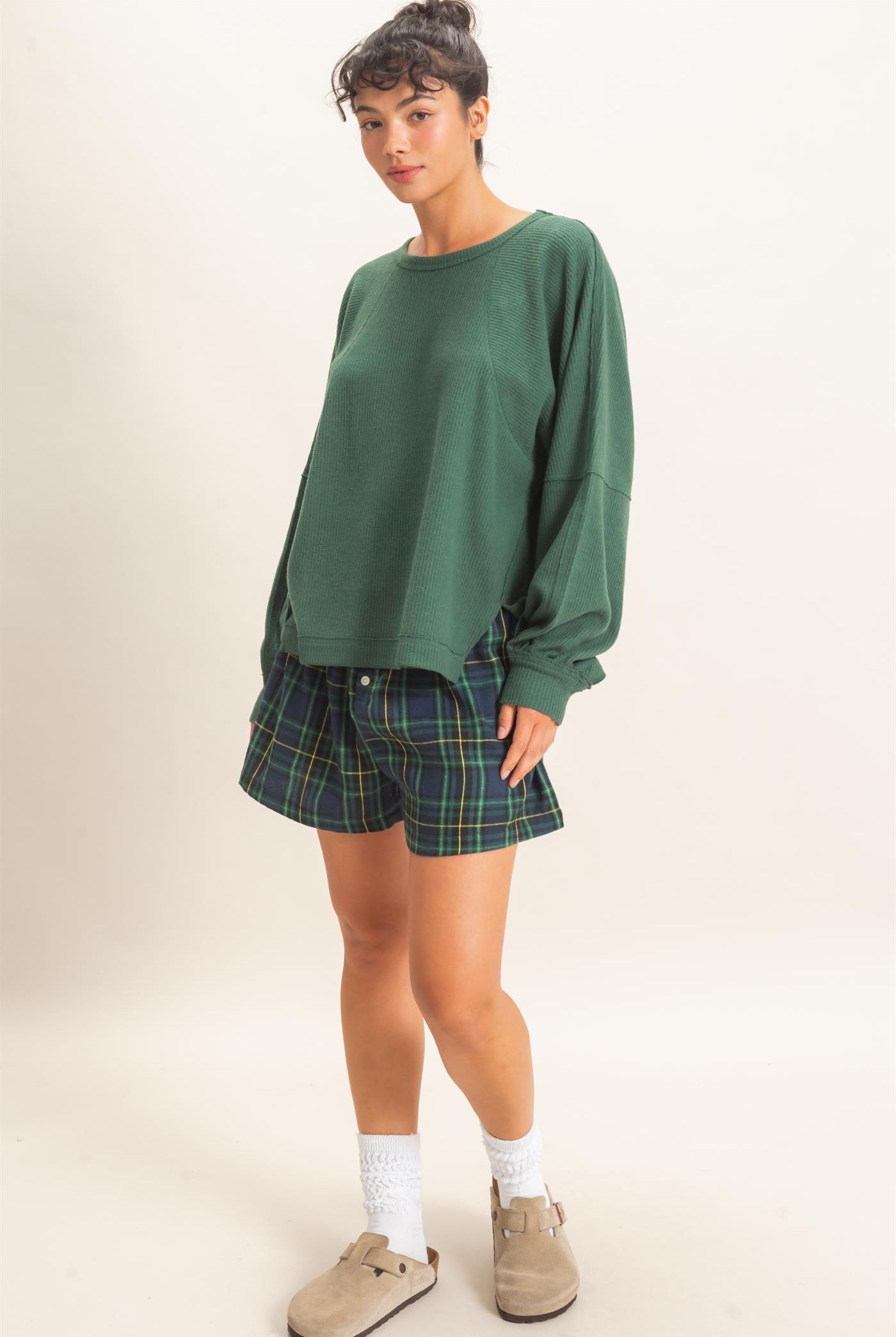 Wholesale Brushed Waffle Long Sleeve Top Clothing Tops DZ26F312 DARK GREEN DOUBLE ZERO