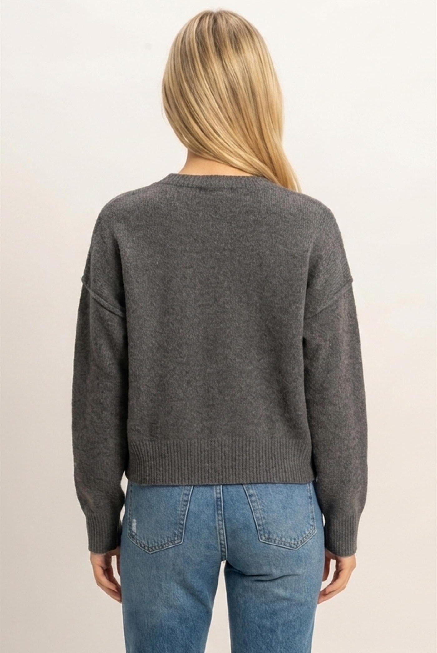 Wholesale Crew Neck Seam Detail Sweater Sweaters DZ26E240 CHARCOAL DOUBLE ZERO