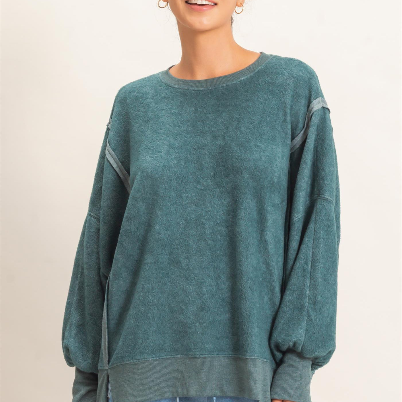 Wholesale Oversized Raw Edge Crew Neck Sweatshirt Sweatshirts DZ26E273 DARK TEAL DOUBLE ZERO