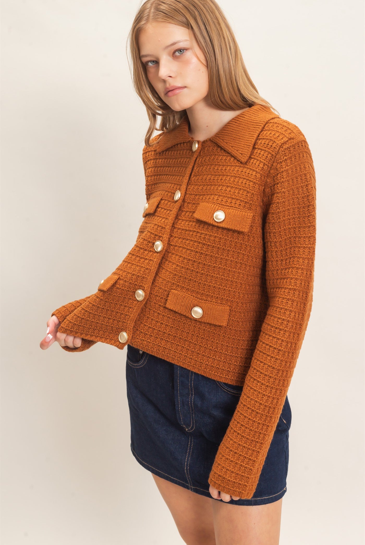 Wholesale Textured Collared Sweater Jacket Cardigans HF26F190 CAMEL HYFVE