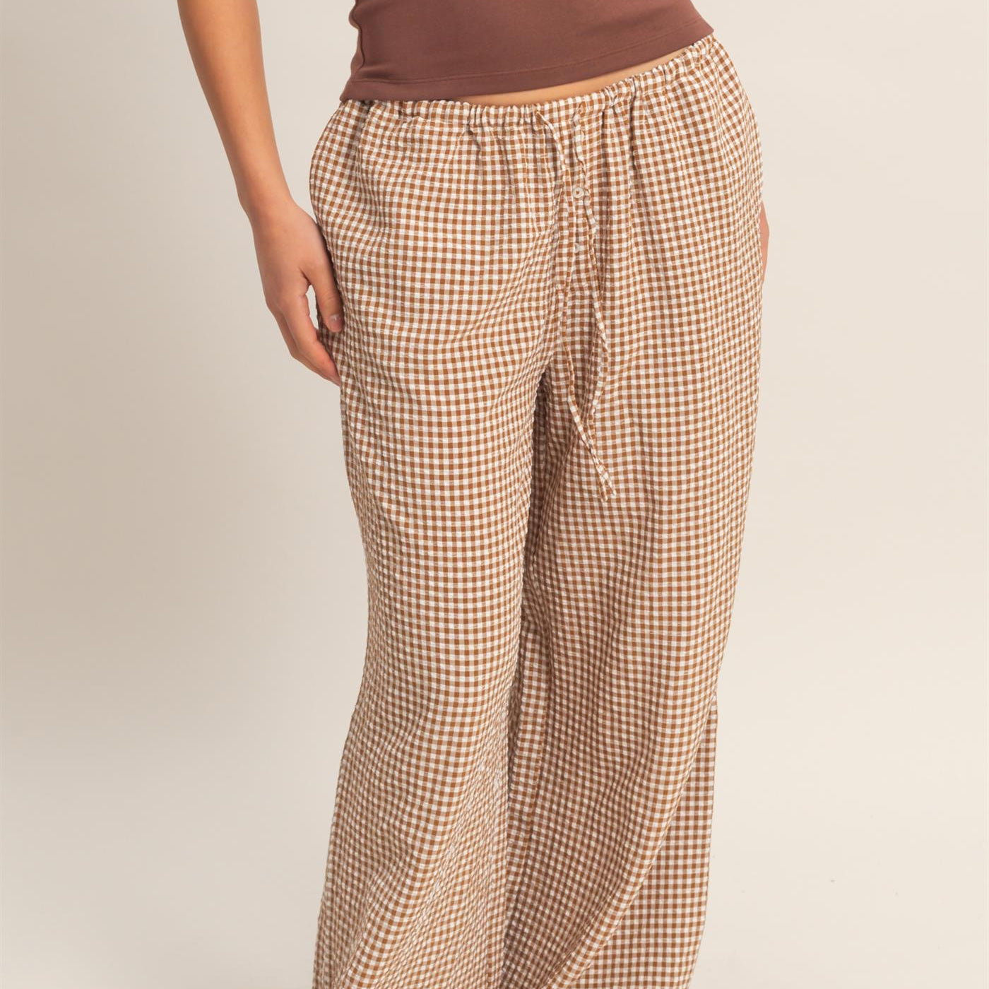 Wholesale Gingham Drawstring Wide-Leg Pants Pants DZ26C202 BROWN DOUBLE ZERO