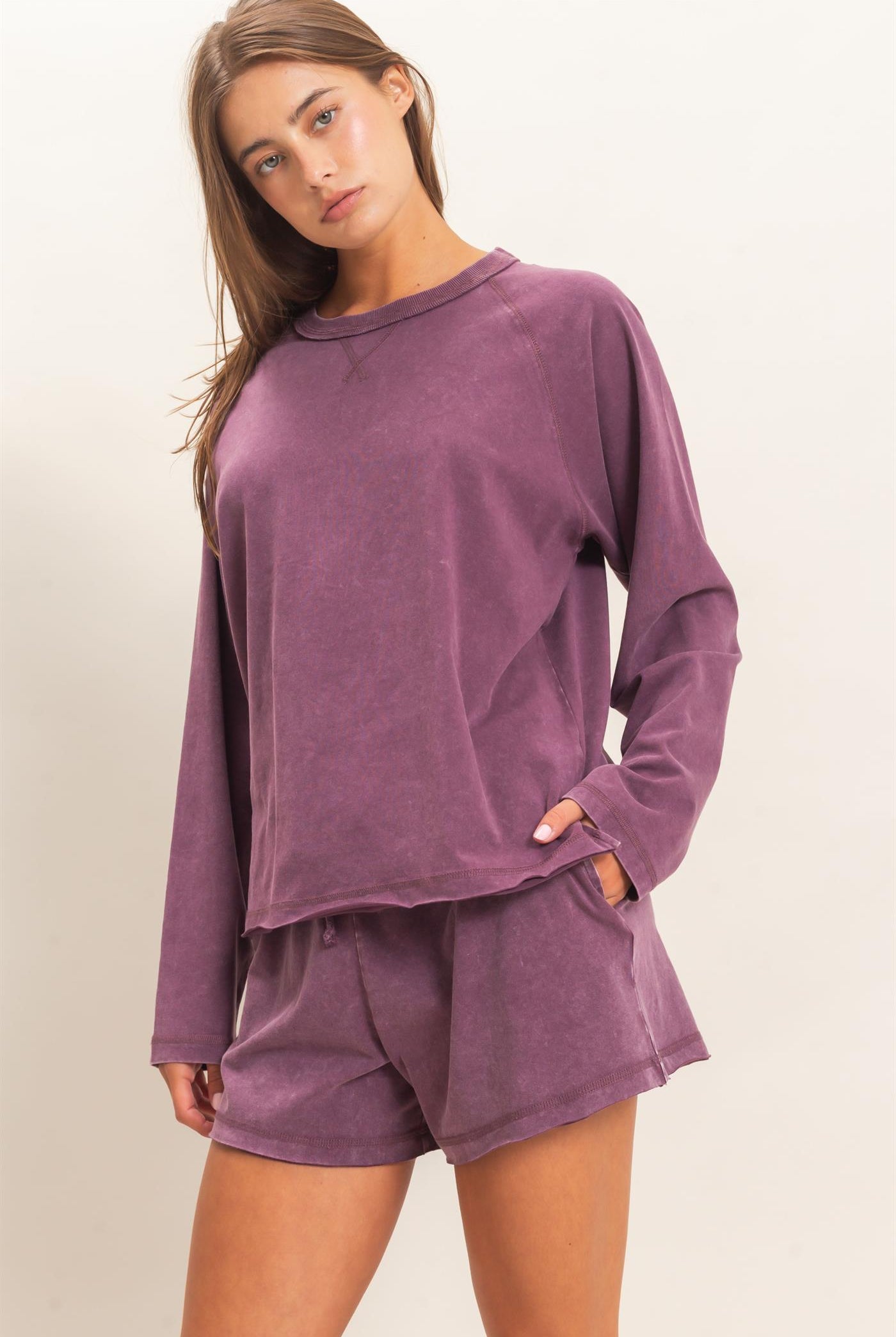 Wholesale Mineral Wash Long Sleeve Raw Edge Top & Shorts Set Clothing DZ26F403-SET DARK CHERRY DOUBLE ZERO