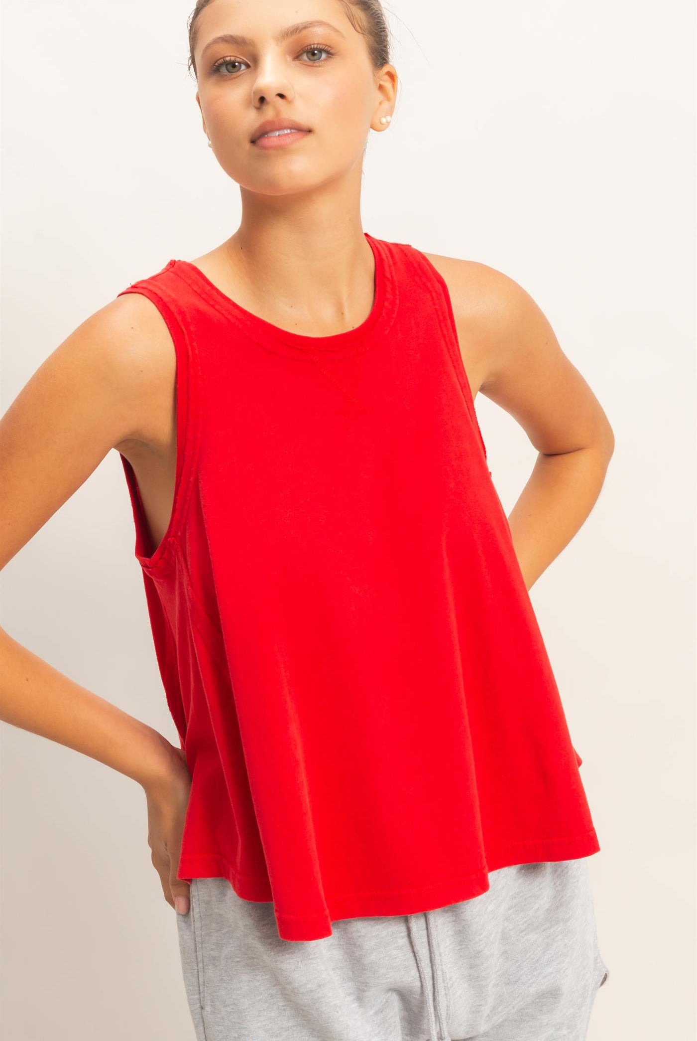 Wholesale Raw Edge Details Sleeveless Washed Top Clothing Tops DZ26E278 RED DOUBLE ZERO