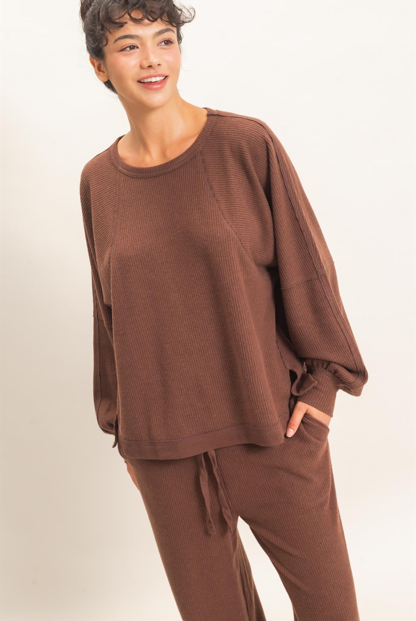 Wholesale Brushed Waffle Long Sleeve Top Clothing Tops DZ26F312 DARK BROWN DOUBLE ZERO