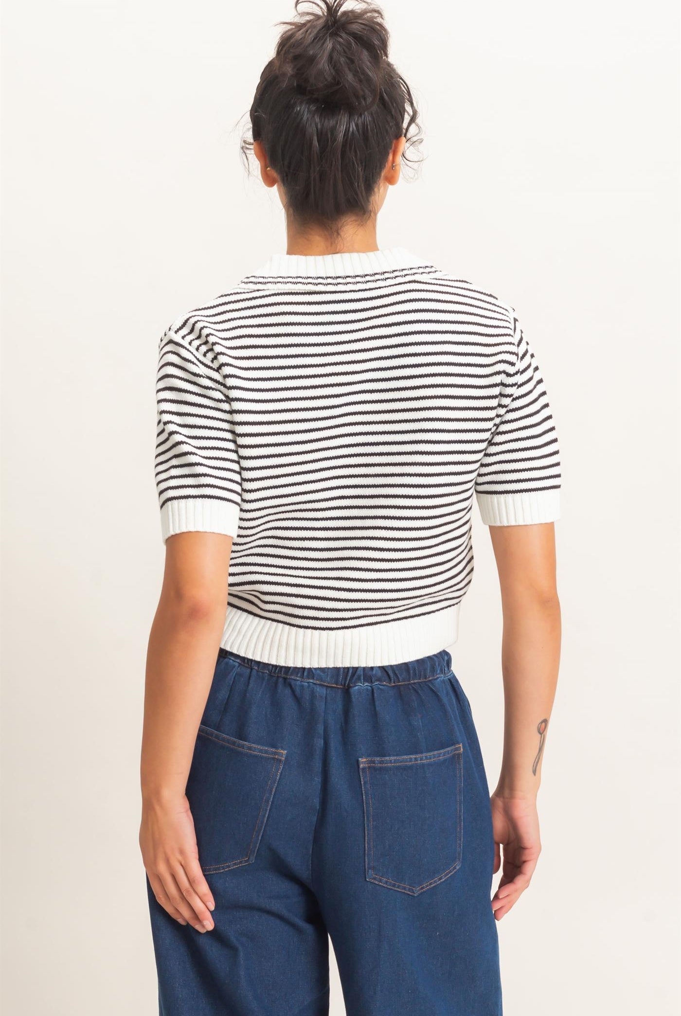 Wholesale Striped Short Sleeve Collar Knit Top Clothing Tops DZ26E261 CREAM DOUBLE ZERO