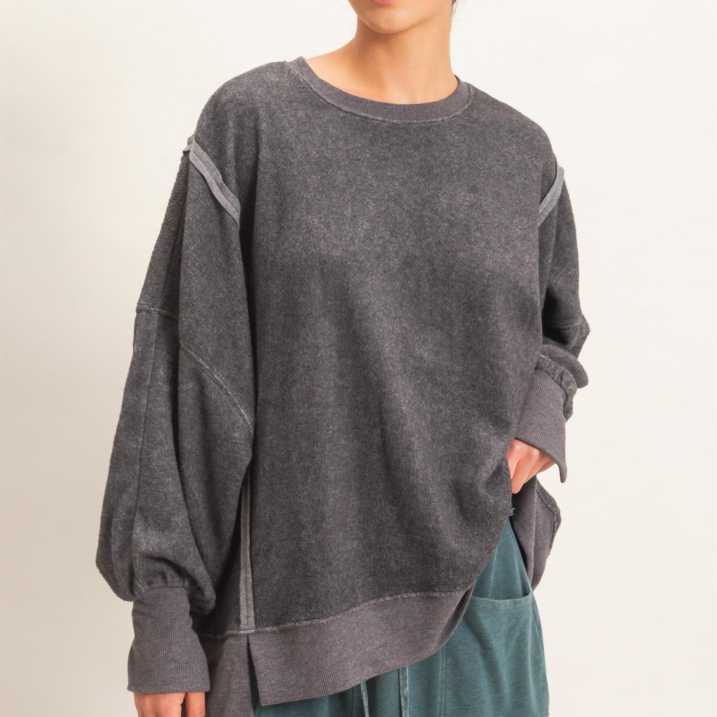 Wholesale Oversized Raw Edge Crew Neck Sweatshirt Sweatshirts DZ26E273 CHARCOAL DOUBLE ZERO