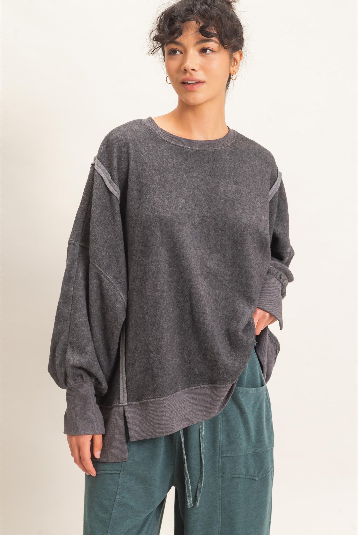 Wholesale Oversized Raw Edge Crew Neck Sweatshirt Sweatshirts DZ26E273 CHARCOAL DOUBLE ZERO