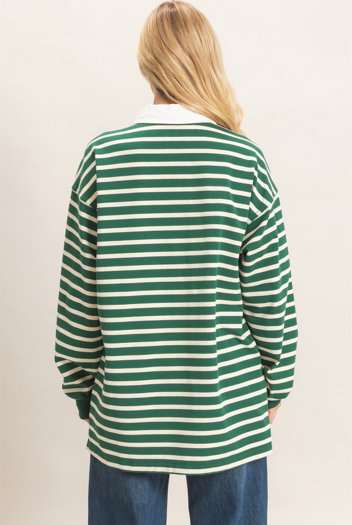 Wholesale Striped Polo Long Sleeve Top Clothing Tops HF26F078 GREEN/CREAM HYFVE