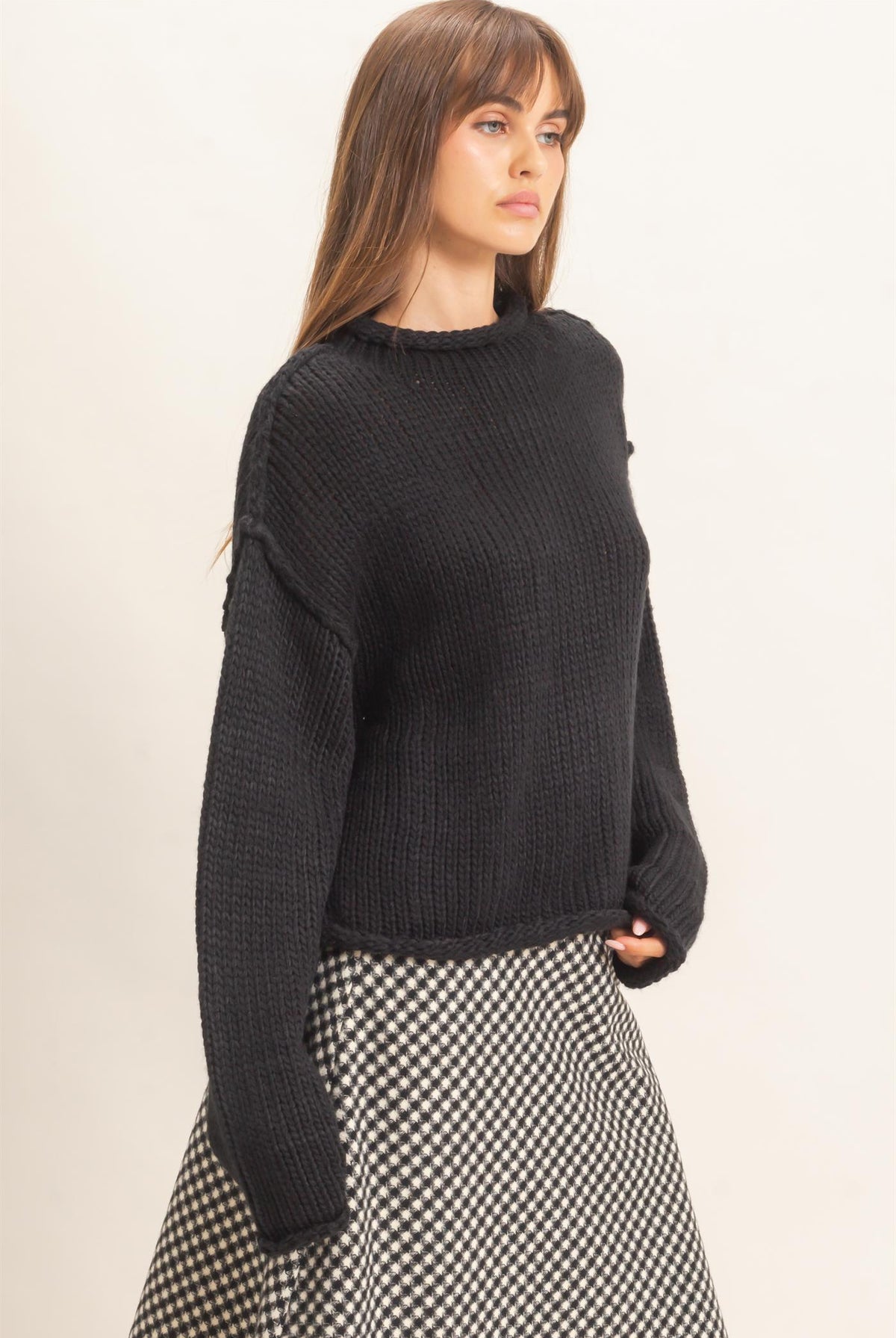 Wholesale Rolled Collar Loose Knit Sweater Sweaters HF26C859 BLACK HYFVE
