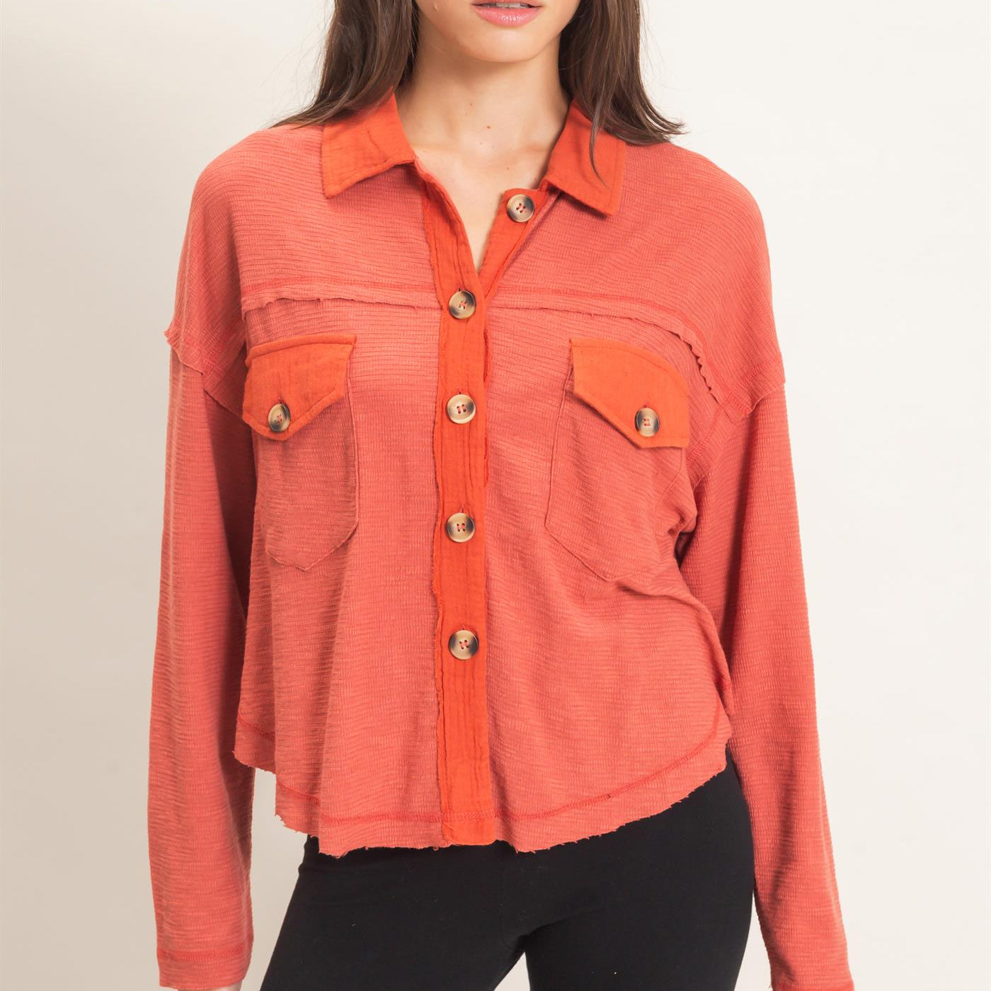 Wholesale Textured Button-Up Shirt Clothing Tops HF26C878 BRICK HYFVE