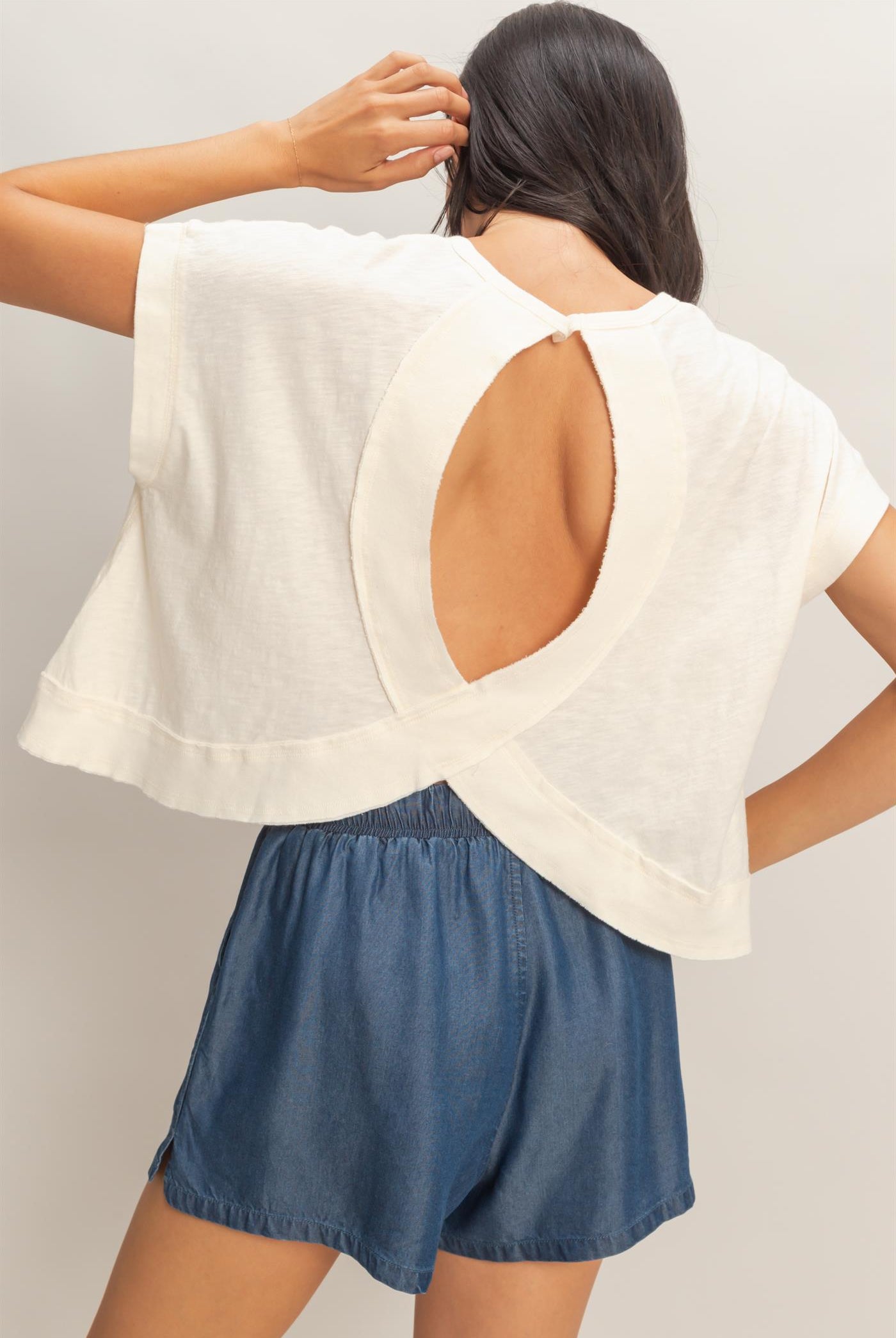 Wholesale Acid Wahsed Cross Detail Open Back Top Clothing Tops DZ26A225 WHIP CREAM DOUBLE ZERO