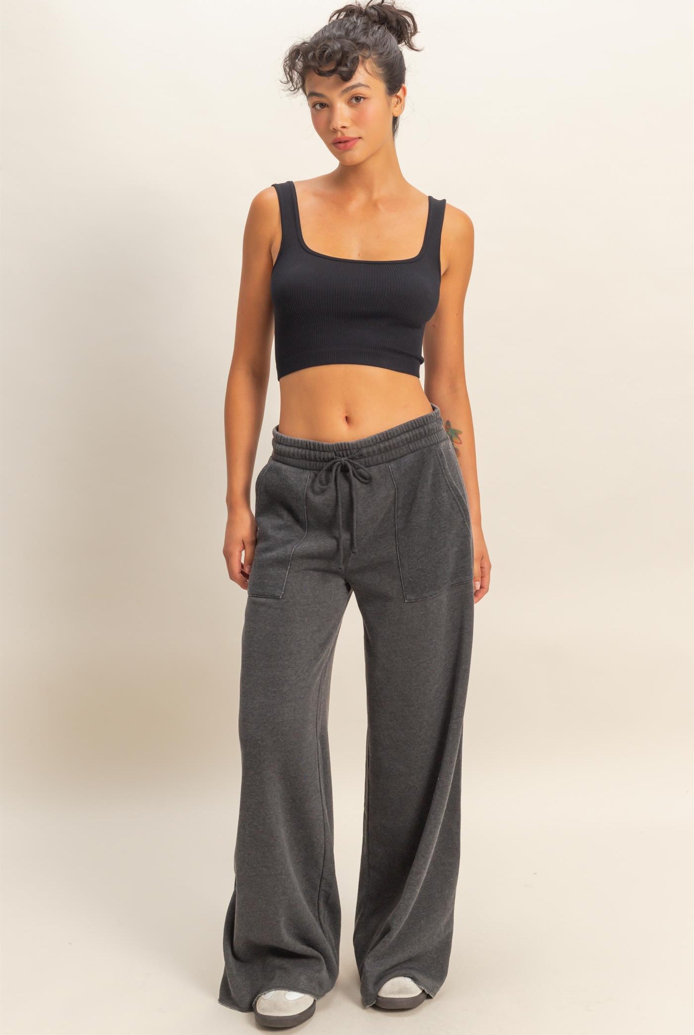 Wholesale Burnout French Terry Wide-Leg Pants Pants DZ26A259 BLACK DOUBLE ZERO