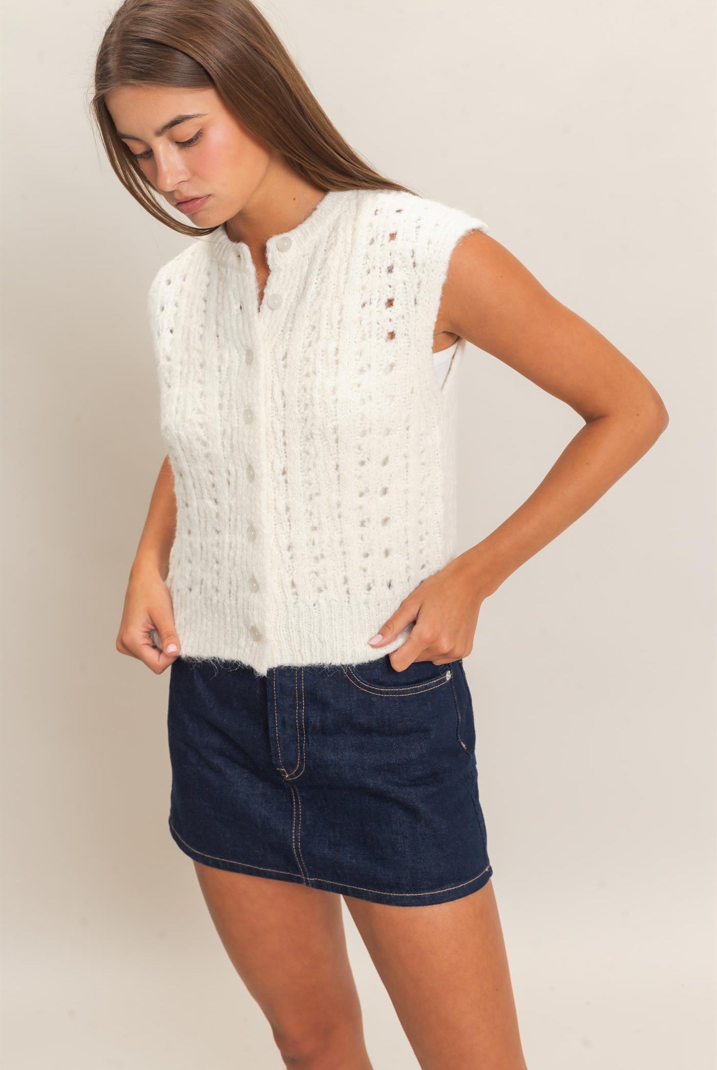 Wholesale Open Knit Sleeveless Button Front Sweater Vest Sweaters DZ26A829 CREAM DOUBLE ZERO